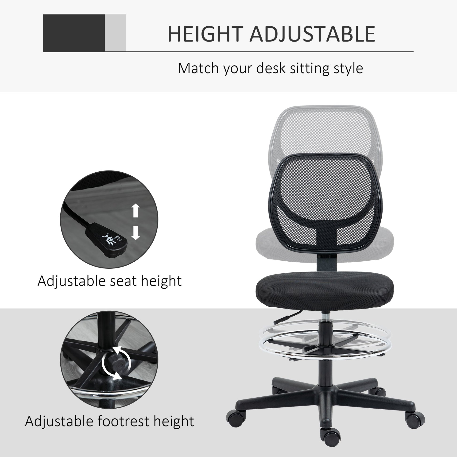 Vinsetto Drafting Chair, Standing Desk Chair, Painting Chair with Adjustable Height, Footrest Ring, Black
