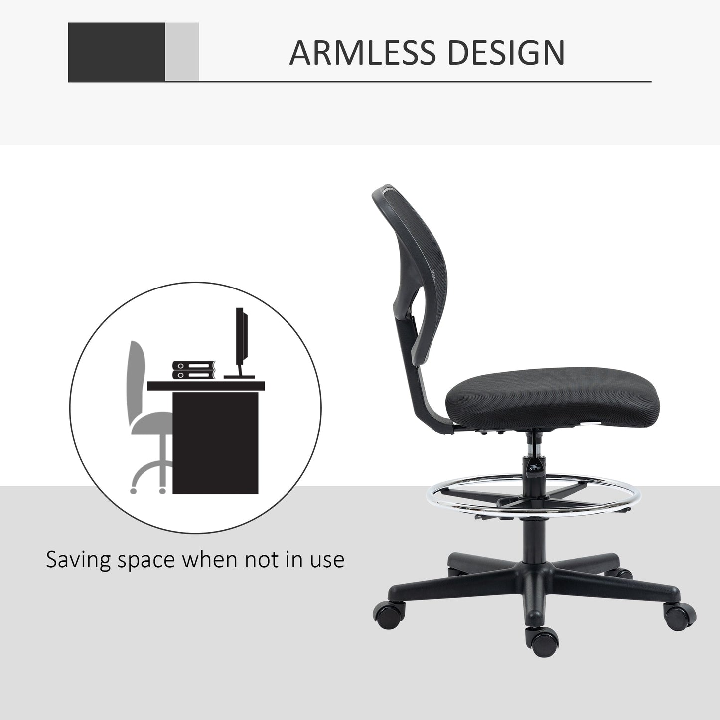 Vinsetto Drafting Chair, Standing Desk Chair, Painting Chair with Adjustable Height, Footrest Ring, Black