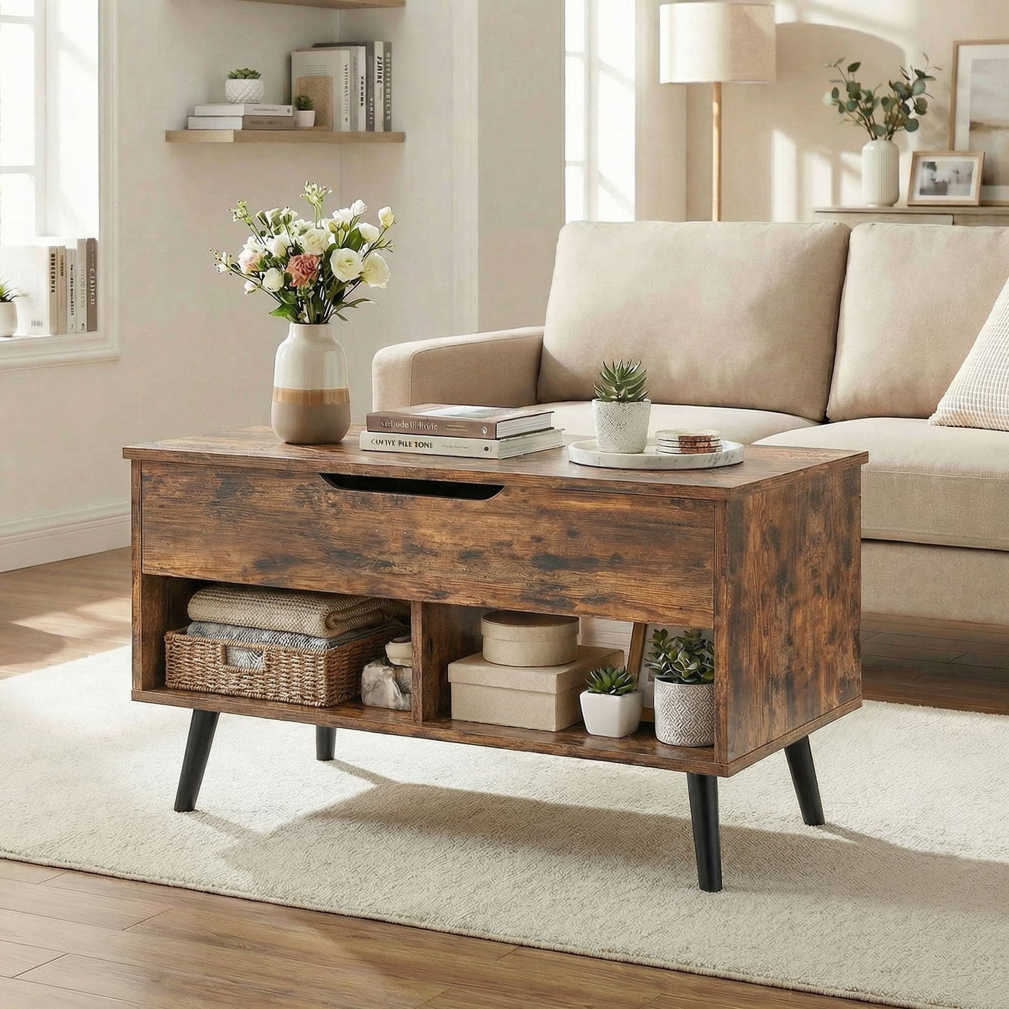 Industrial Lift Top Coffee Table, Living Room Table with Hidden Compartment, Open Shelves and Metal Legs, 75 cm, Rustic Brown