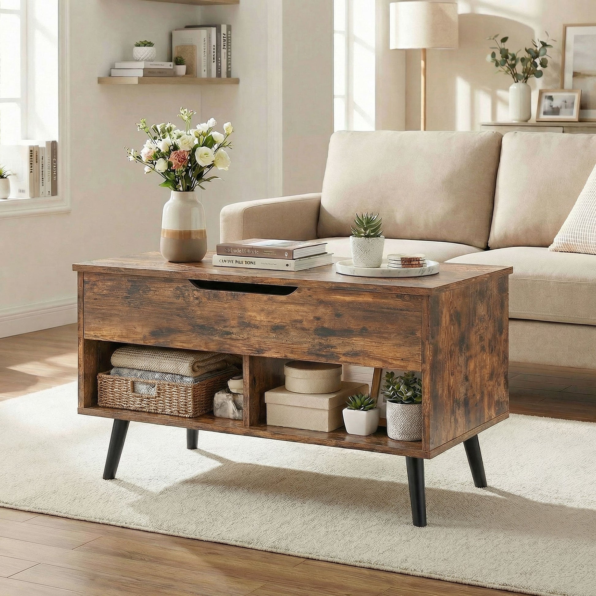 Industrial Lift Top Coffee Table, Living Room Table with Hidden Compartment, Open Shelves and Metal Legs, 75 cm, Rustic Brown