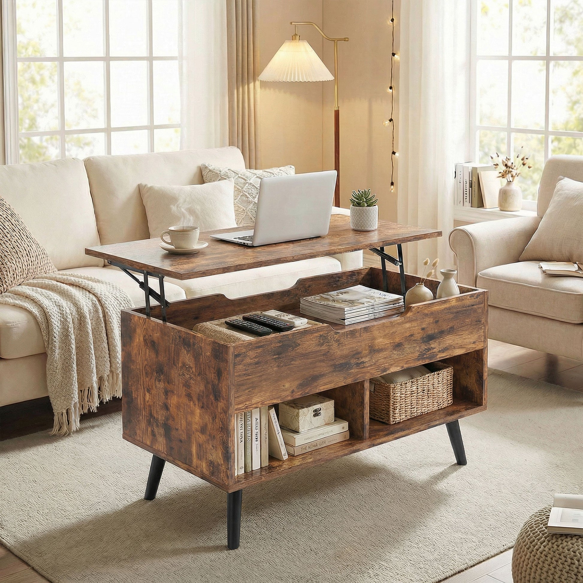 Industrial Lift Top Coffee Table, Living Room Table with Hidden Compartment, Open Shelves and Metal Legs, 75 cm, Rustic Brown