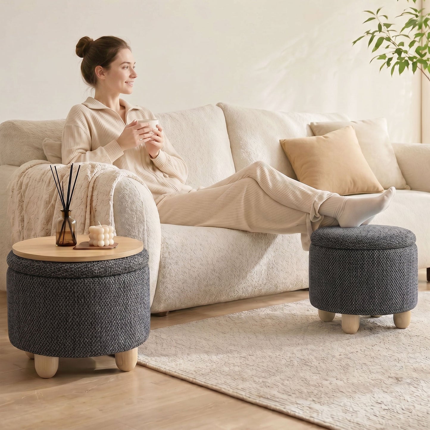 Storage Ottoman, Burlap Fabric Round Small Ottoman Foot Rest with Lid, Rubberwood Legs, End of Bed Bench Footstool for Bedroom, Hallway, Living Room, 38.5 x 38.5 cm, Dark Grey