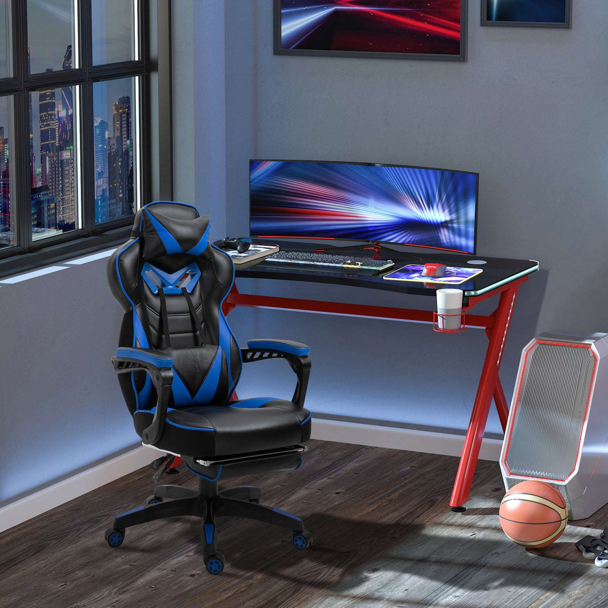 Vinsetto Computer Gaming Chair, Racing Desk Chair with Lumbar Support and Footrest, PU Leather Gamer Chair with Headrest and Swivel Wheels for Home, Blue