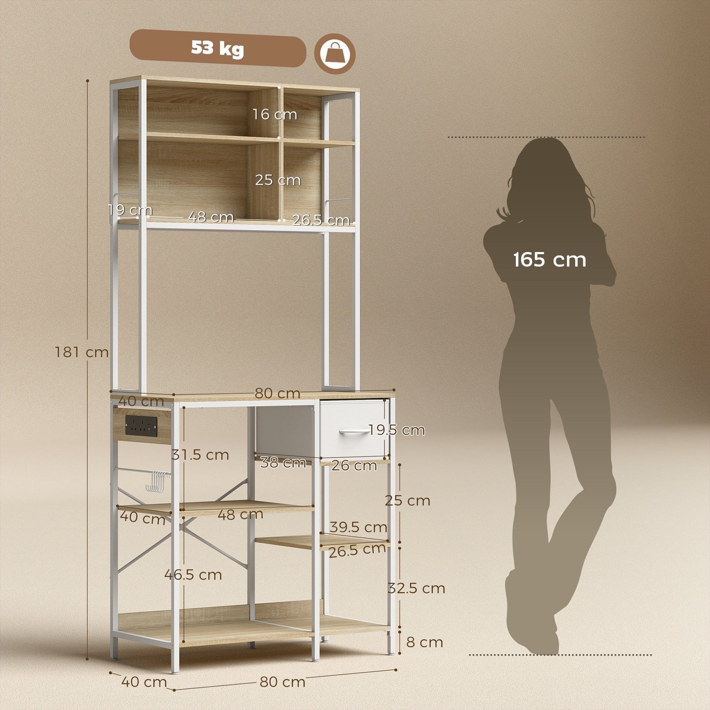 Kitchen Baker's Rack, Microwave Stand with Storage Shelves and 6 Hooks for Small Spaces, Kitchen Storage Unit for Spices, Pots and Pans, 80 x 40 x 181 cm, Oak