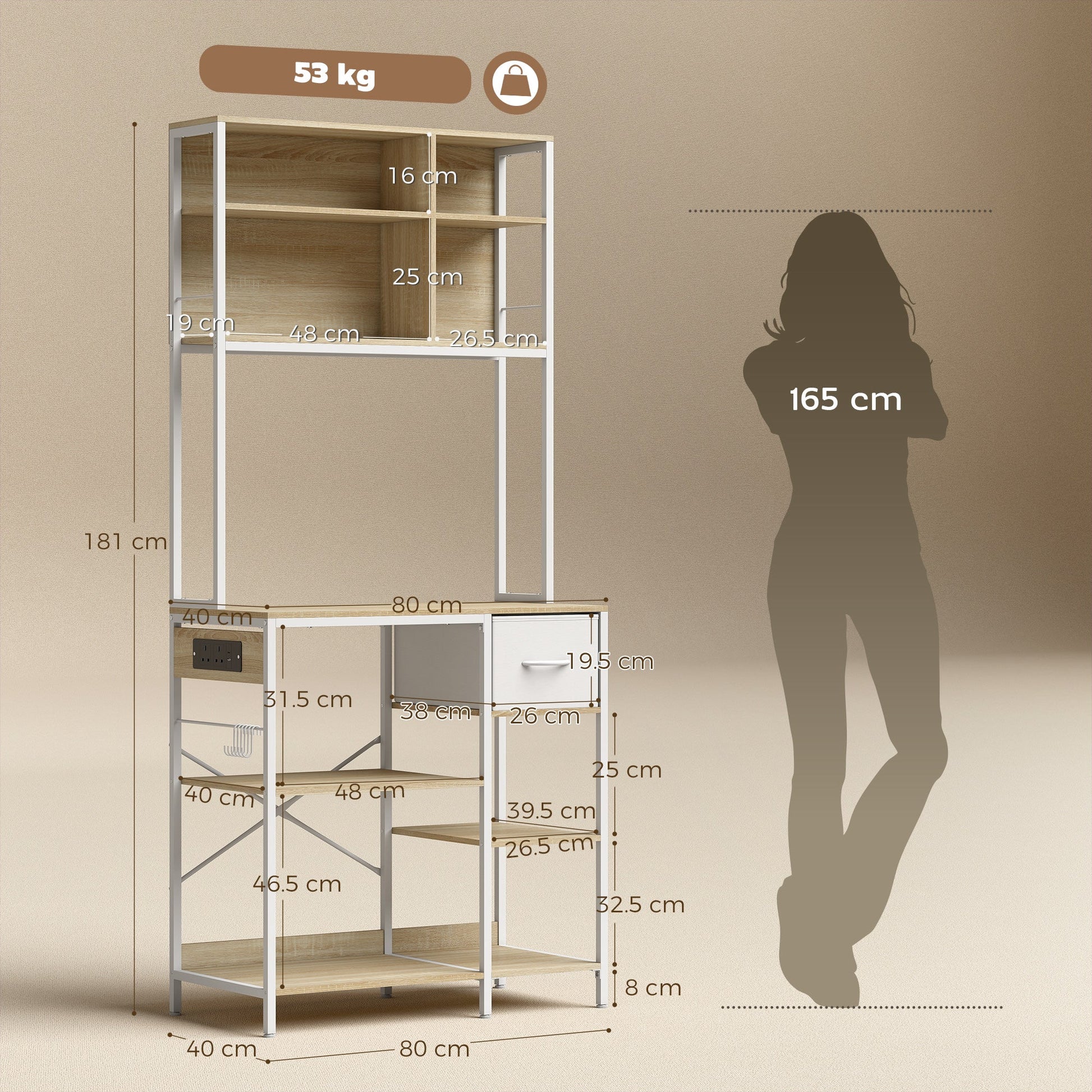 Kitchen Baker's Rack, Microwave Stand with Storage Shelves and 6 Hooks for Small Spaces, Kitchen Storage Unit for Spices, Pots and Pans, 80 x 40 x 181 cm, Oak