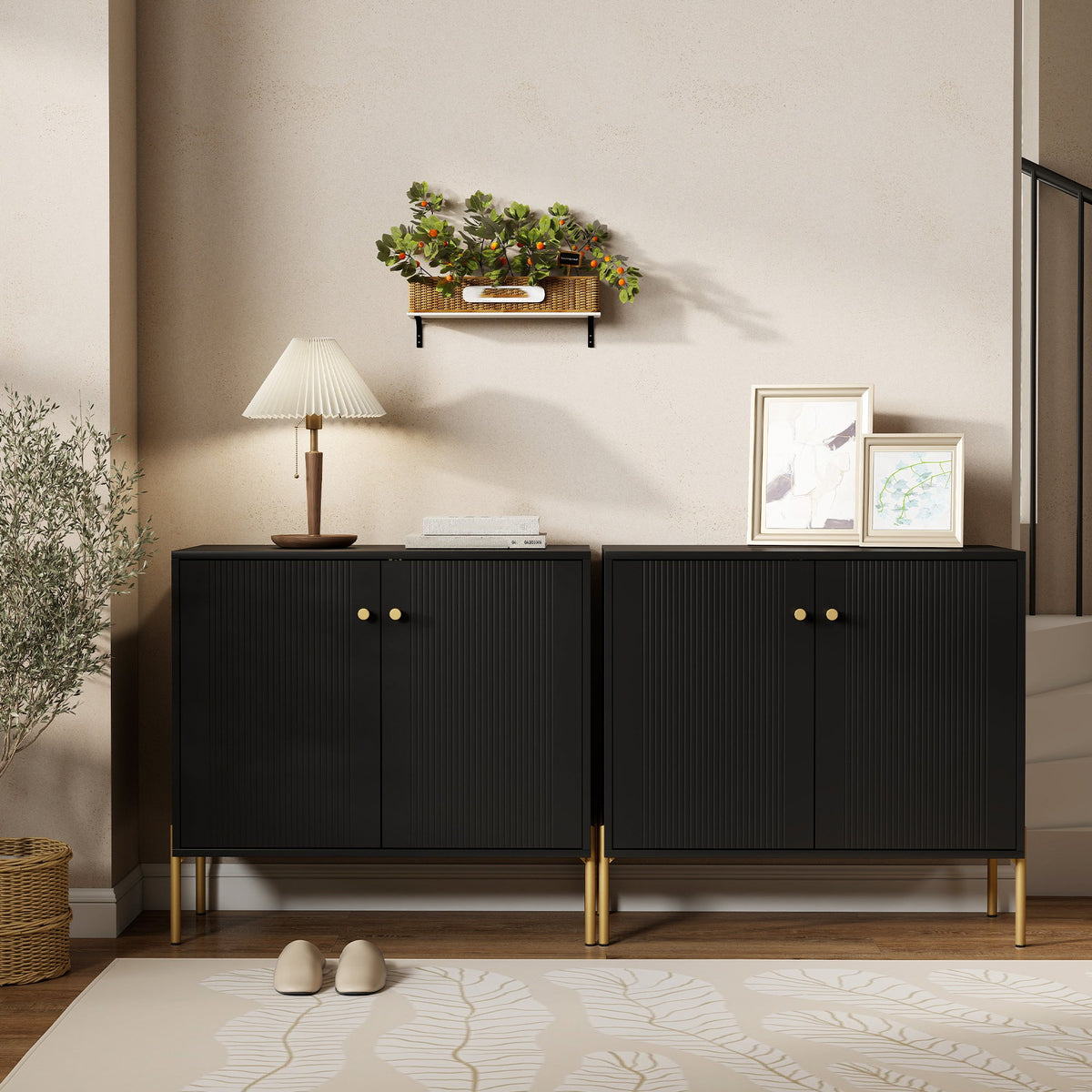 Modern Sideboard Buffet Cabinet with Fluted Doors, Coffee Bar Cabinet with Adjustable Shelf and Steel Legs for Kitchen, Dining Room, Living Room, Black