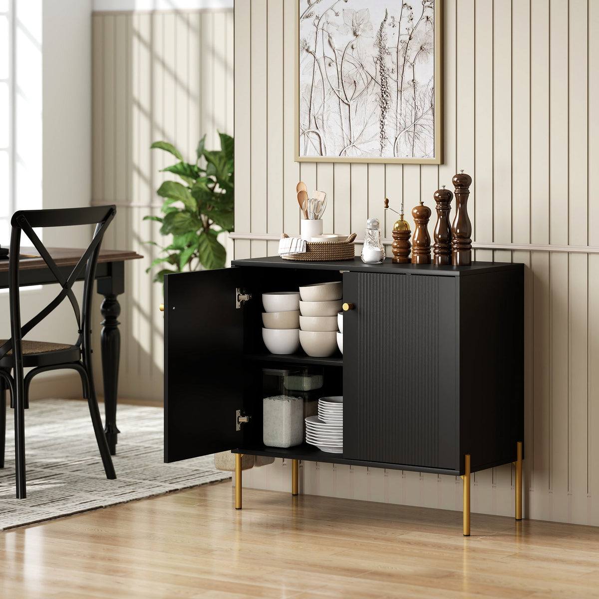 Modern Sideboard Buffet Cabinet with Fluted Doors, Coffee Bar Cabinet with Adjustable Shelf and Steel Legs for Kitchen, Dining Room, Living Room, Black