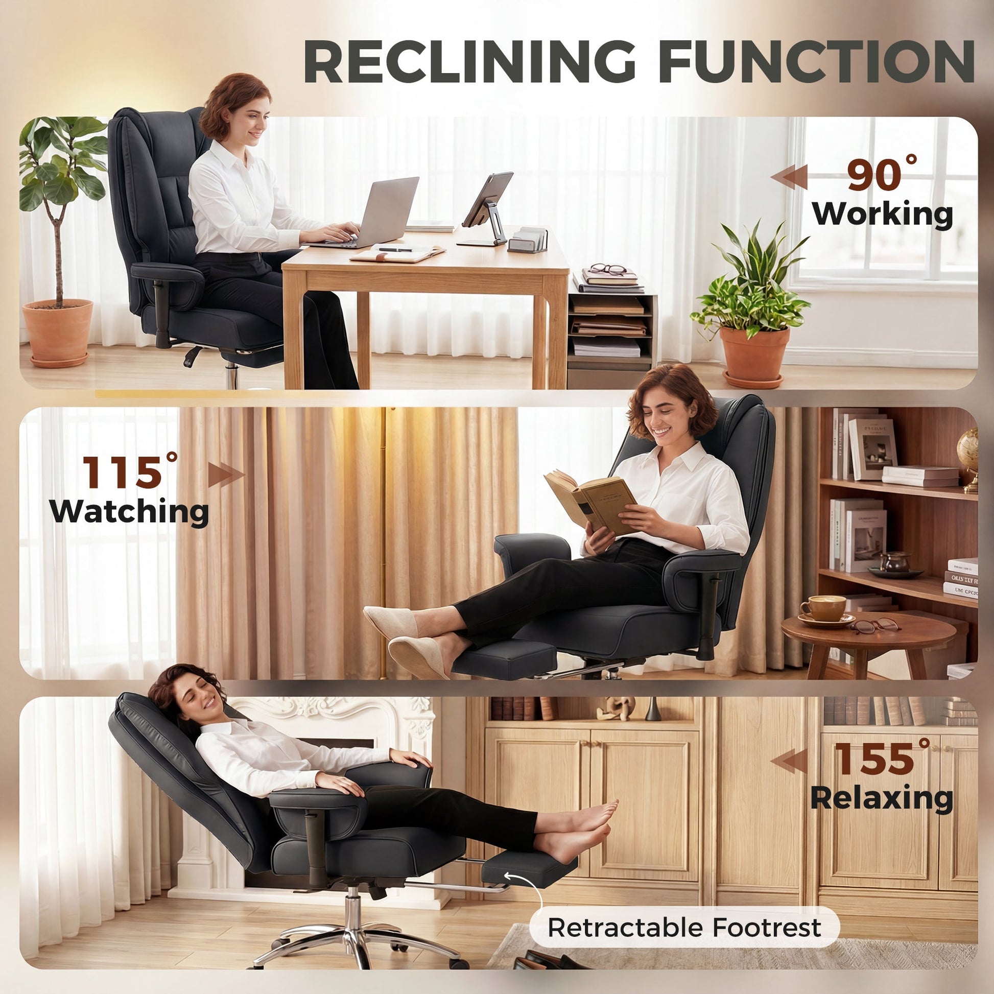 Executive Office Chair, Ergonomic Reclining Computer Desk Chair with Footrest, Adjustable Armrests, Spring Seat, High Back, Thick Cushion, Pet Friendly Faux Leather, Swivel, Black
