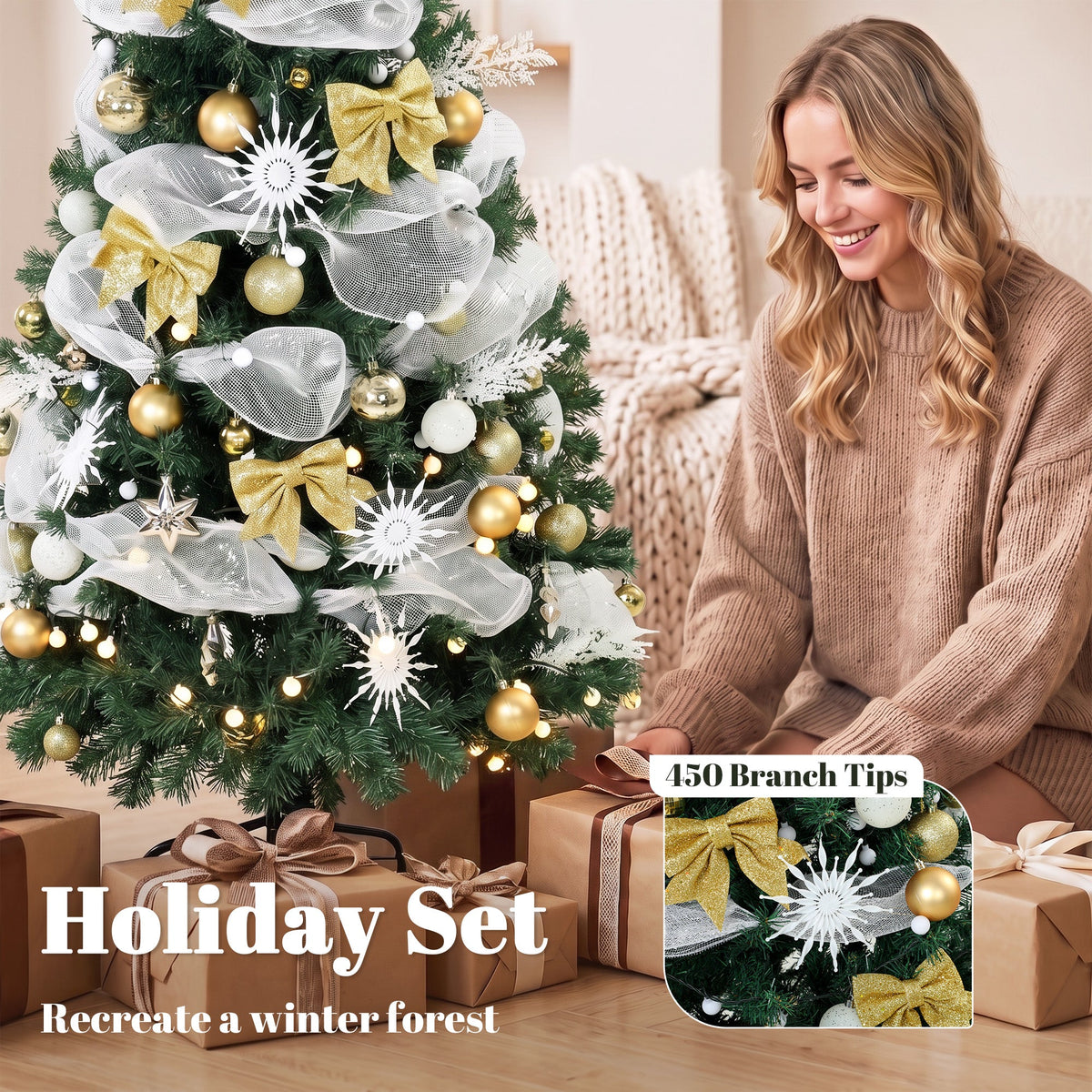 5ft Pre-Lit Christmas Tree with 150 LED Lights, Artificial Xmas Tree with 8 Lighting Modes, 450 Tips, Balls, Ribbons, Bows, Remote, Foldable Metal Stand, Green