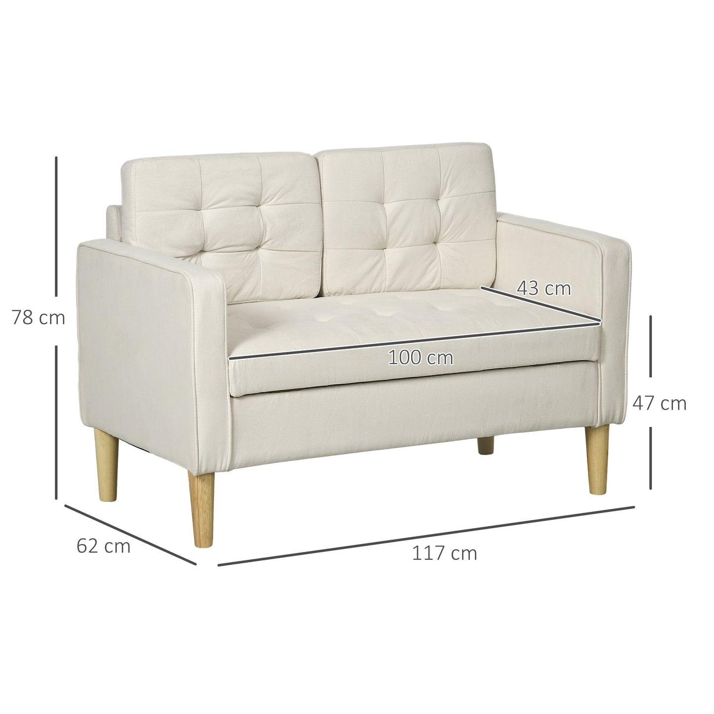HOMCOM Modern 2 Seater Sofa with Hidden Storage, 117cm Tufted Cotton Couch with Wood Legs, Compact Loveseat for Living Room, Kitchen, Cream White