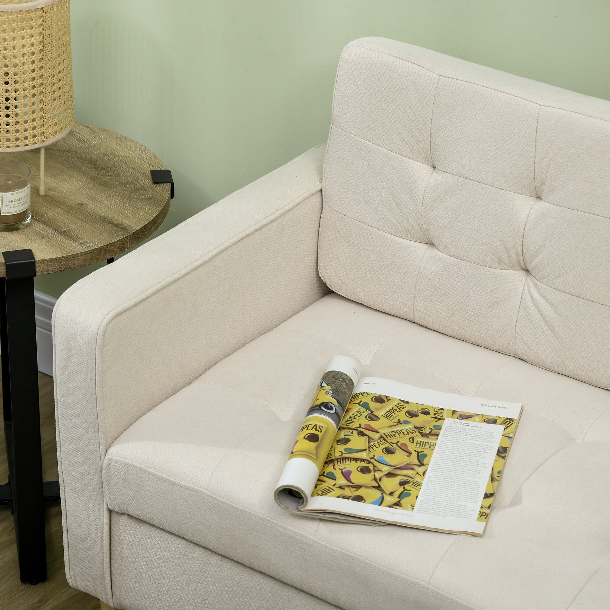 HOMCOM Modern 2 Seater Sofa with Hidden Storage, 117cm Tufted Cotton Couch with Wood Legs, Compact Loveseat for Living Room, Kitchen, Cream White