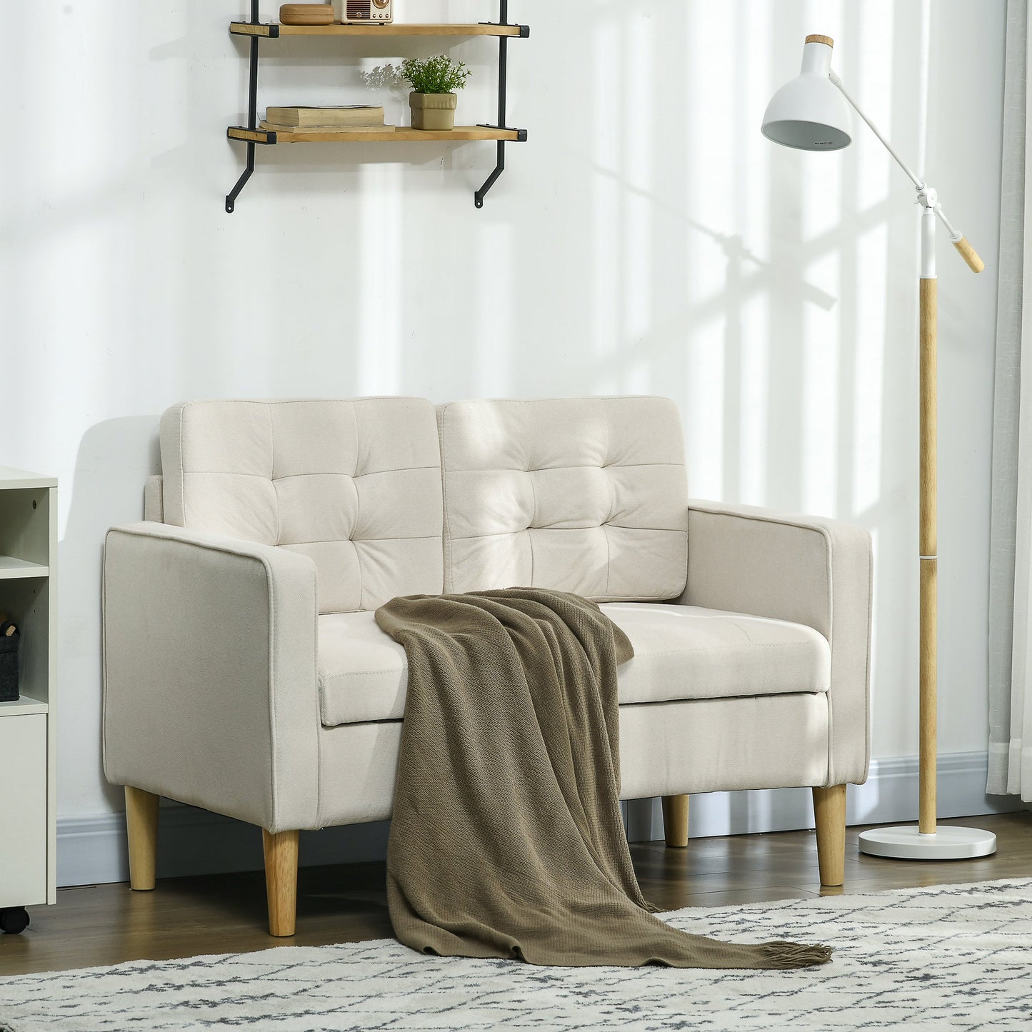HOMCOM Modern 2 Seater Sofa with Hidden Storage, 117cm Tufted Cotton Couch with Wood Legs, Compact Loveseat for Living Room, Kitchen, Cream White