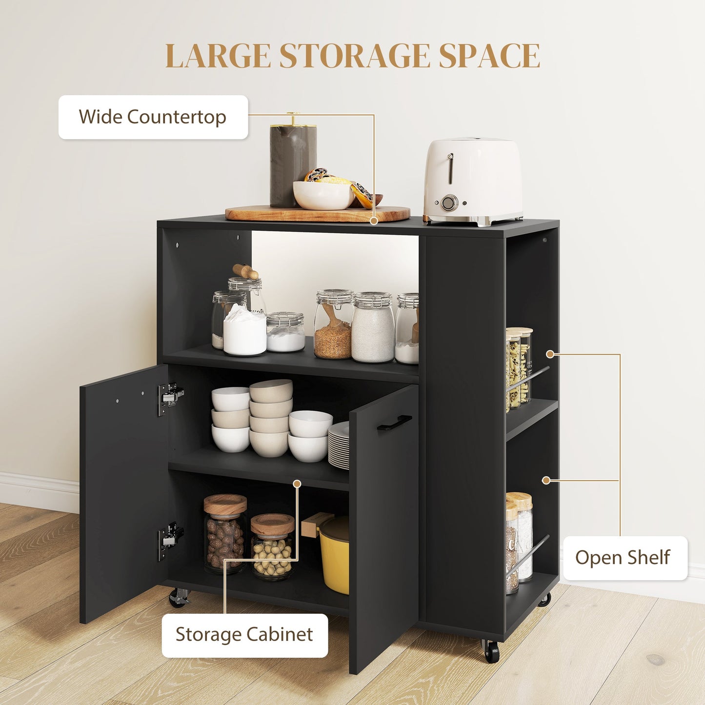 Kitchen Trolley on Wheels, Rolling Kitchen Island Cart with 2-Door Cabinet, Spice Rack and Adjustable Shelf, Storage Serving Trolley Cart for Dining Room, Living Room, Black