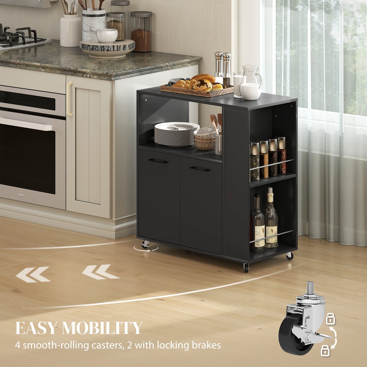 Kitchen Trolley on Wheels, Rolling Kitchen Island Cart with 2-Door Cabinet, Spice Rack and Adjustable Shelf, Storage Serving Trolley Cart for Dining Room, Living Room, Black