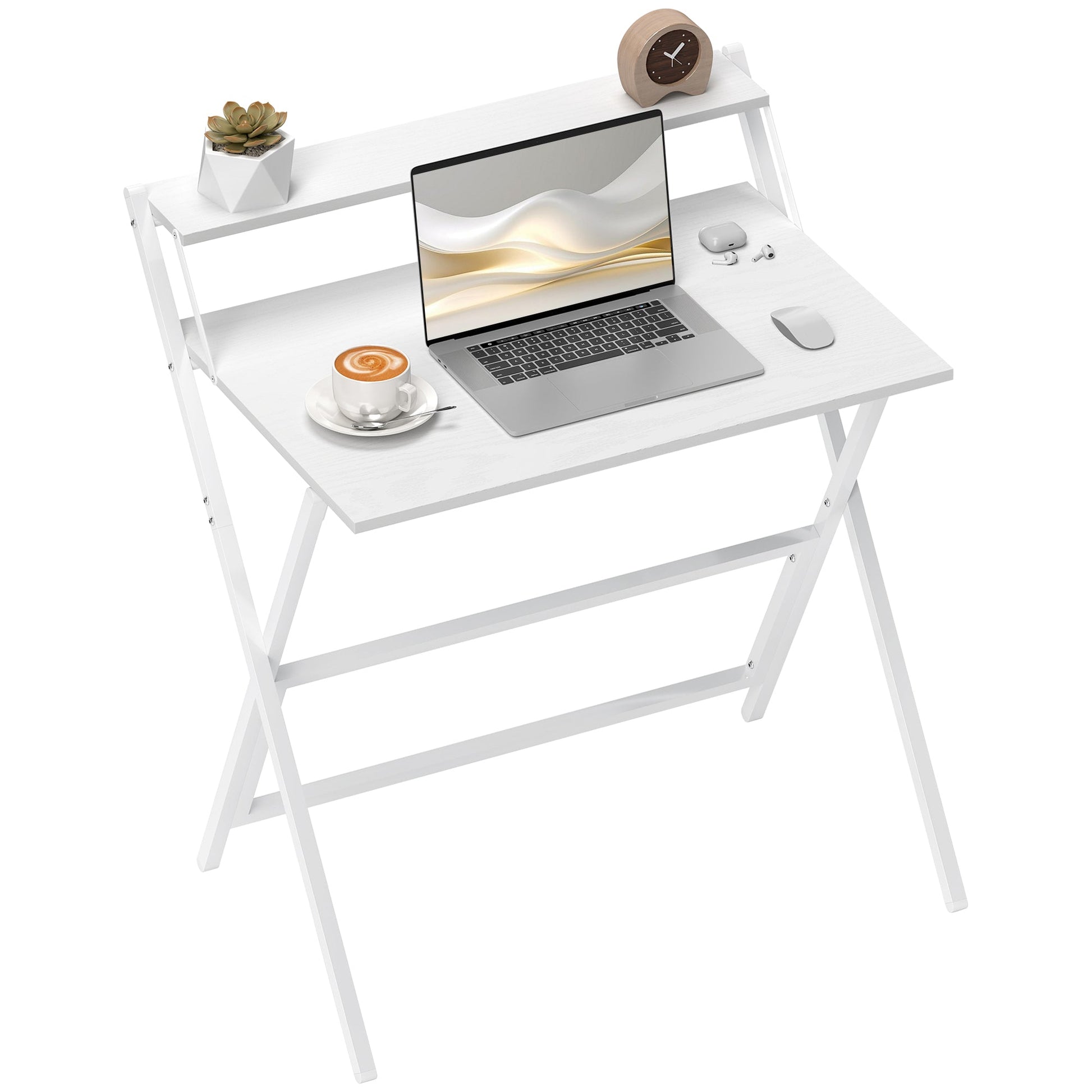 Folding Desk with Monitor Shelf, 81.5 cm Foldable Computer Desk for Small Spaces, Space Saving Writing Table Workstation for Home Office, Study, Easy Assembly, White