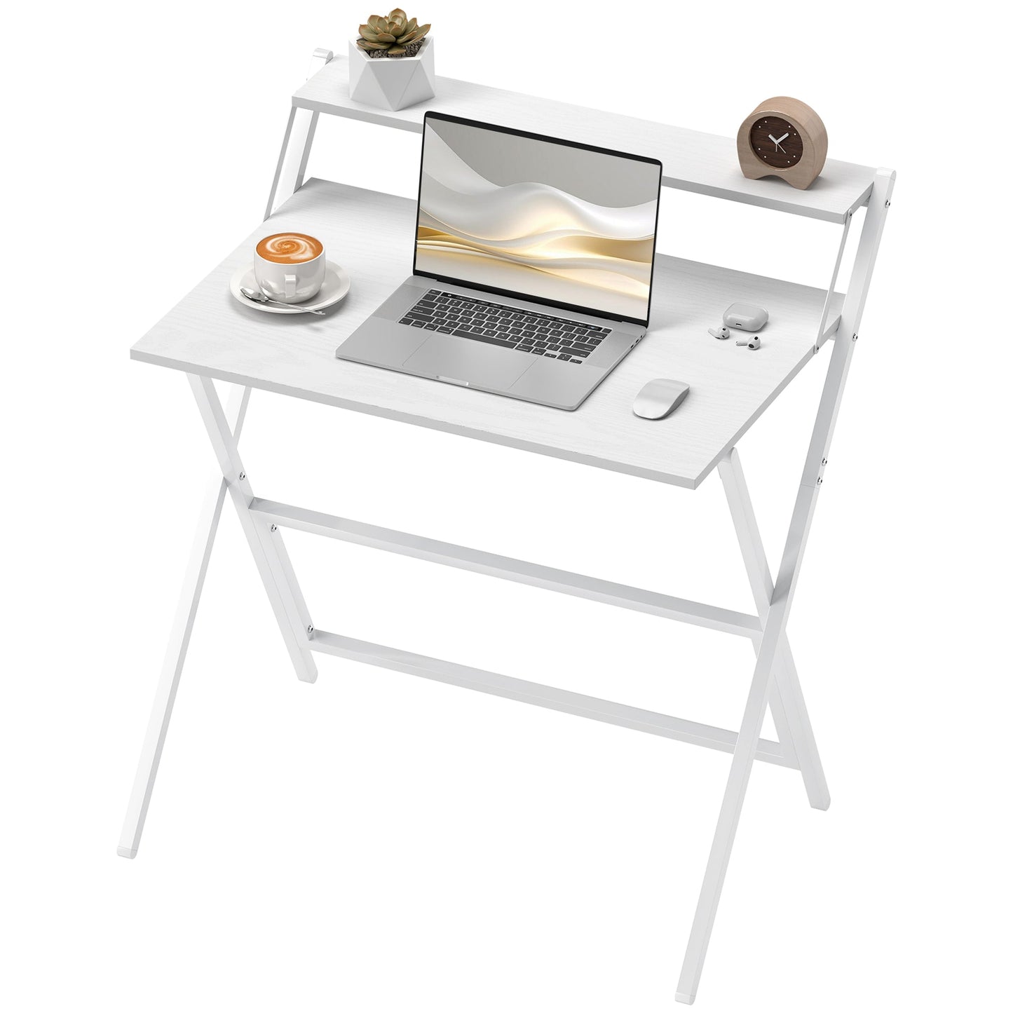 Folding Desk with Monitor Shelf, 81.5 cm Foldable Computer Desk for Small Spaces, Space Saving Writing Table Workstation for Home Office, Study, Easy Assembly, White