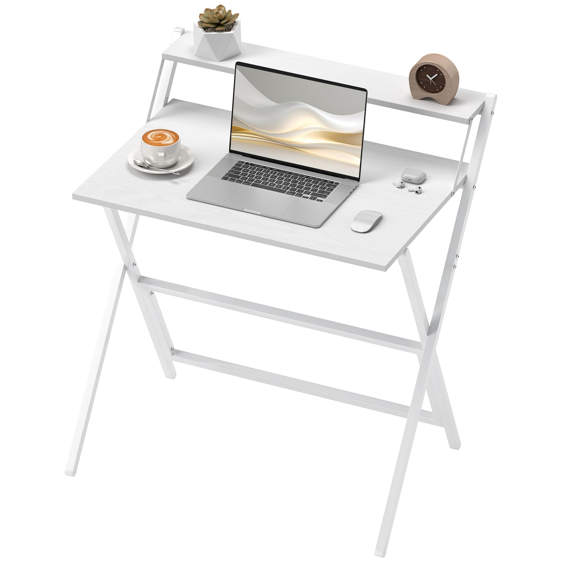 Folding Desk with Monitor Shelf, 81.5 cm Foldable Computer Desk for Small Spaces, Space Saving Writing Table Workstation for Home Office, Study, Easy Assembly, White