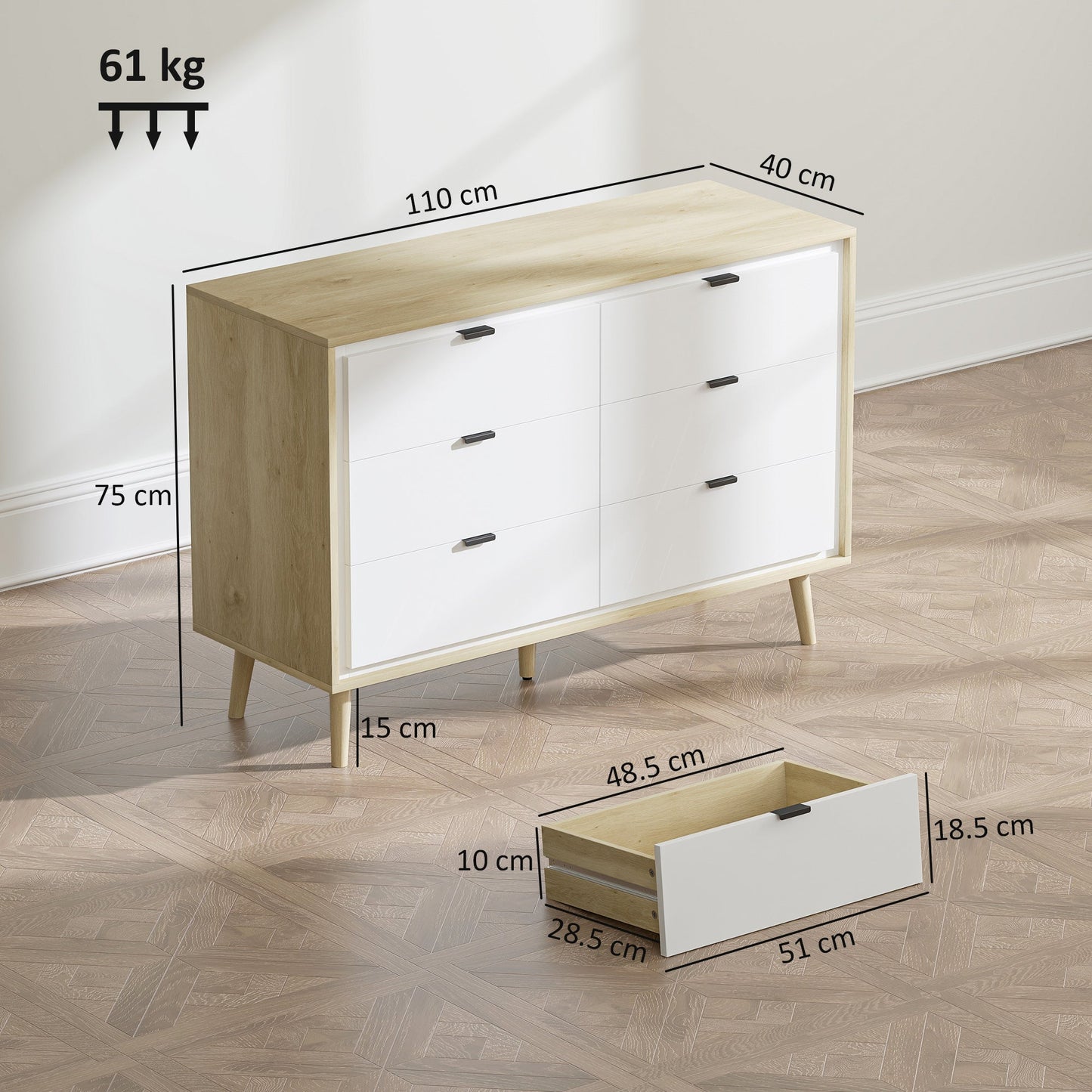 Chest of Drawers, 6 Drawer Dresser, Storage Cabinet with 6  Drawers and 5 Legs for Bedroom, Living Room,  High Gloss White