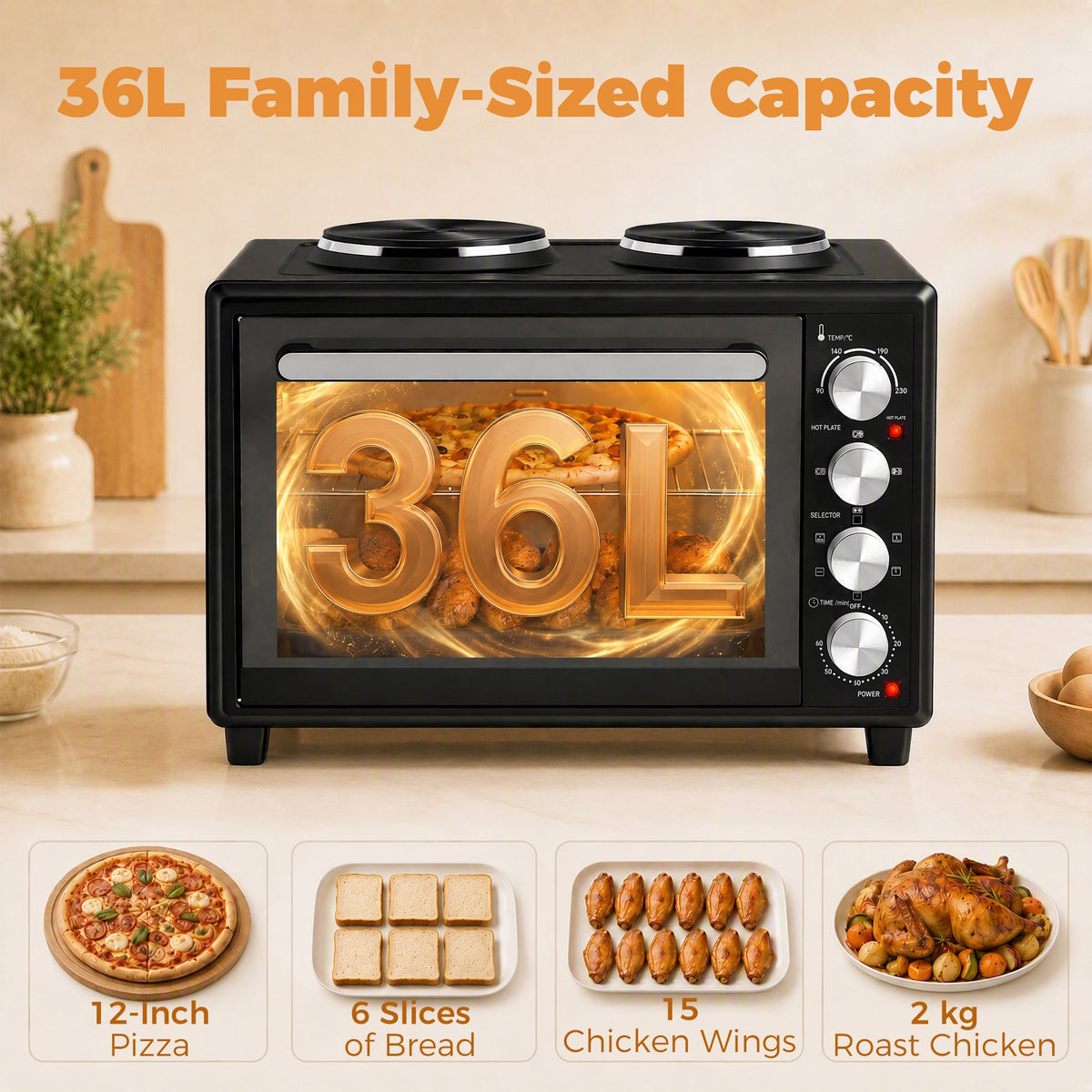 36L Mini Oven with Dual Hot Plates, Electric Countertop Cooker with Convection, 90–230°C Adjustable Temperature, 60 Minute Timer, Portable Oven with Wire Rack & Baking Tray, 1500W, Black