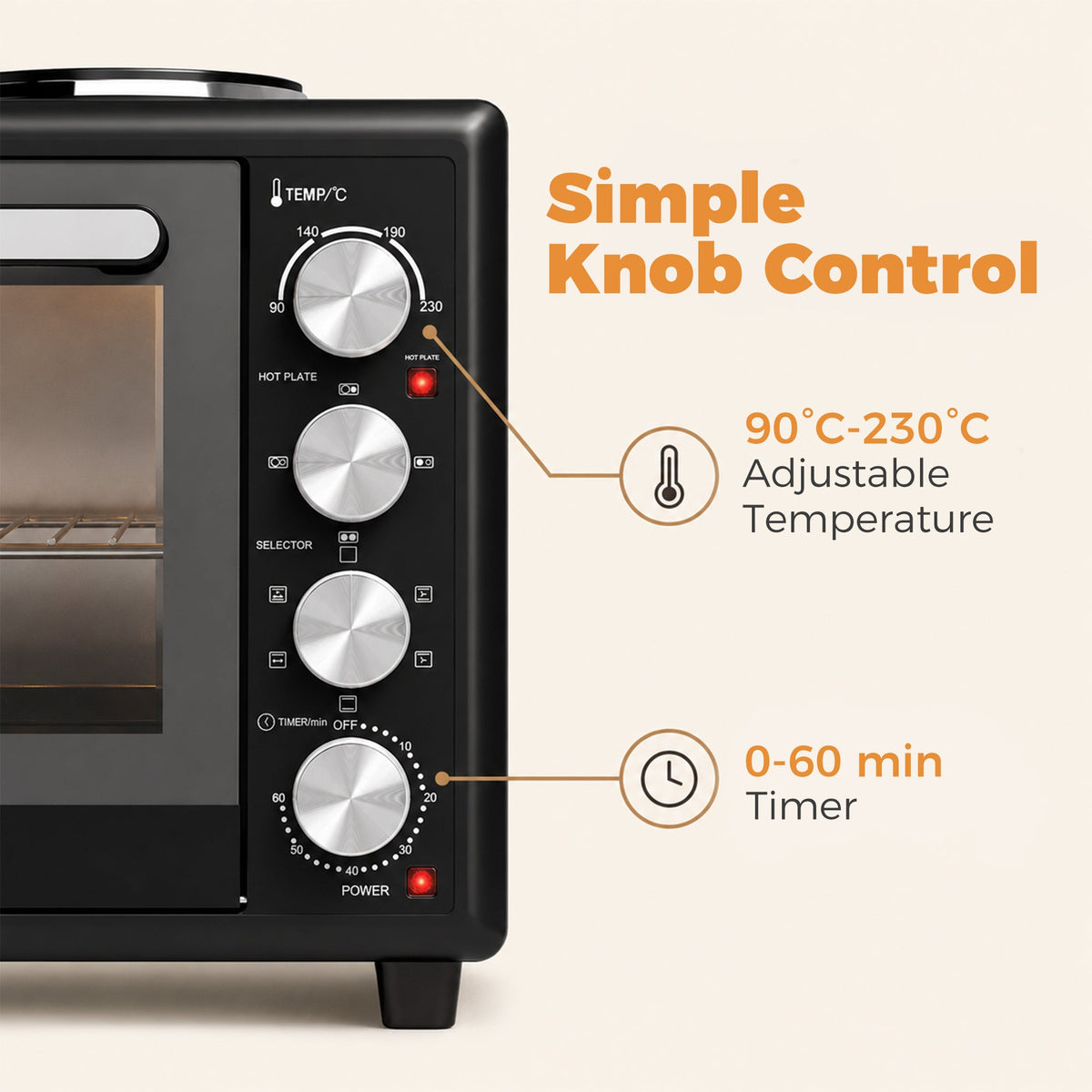 36L Mini Oven with Dual Hot Plates, Electric Countertop Cooker with Convection, 90–230°C Adjustable Temperature, 60 Minute Timer, Portable Oven with Wire Rack & Baking Tray, 1500W, Black