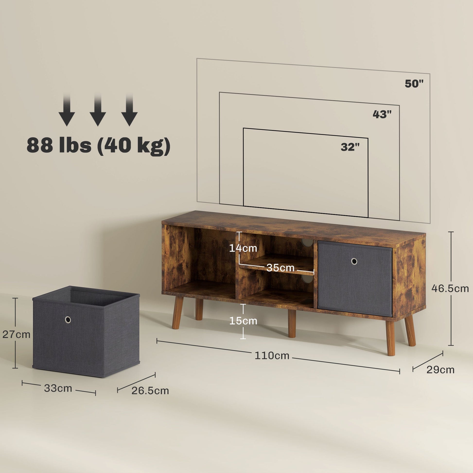 HOMCOM TV Cabinet Stand Unit for TVs up to 50" Flat Screen with Foldable Drawers and Shelves, Entertainment Centre for Living Room, Bedroom Rustic Brown