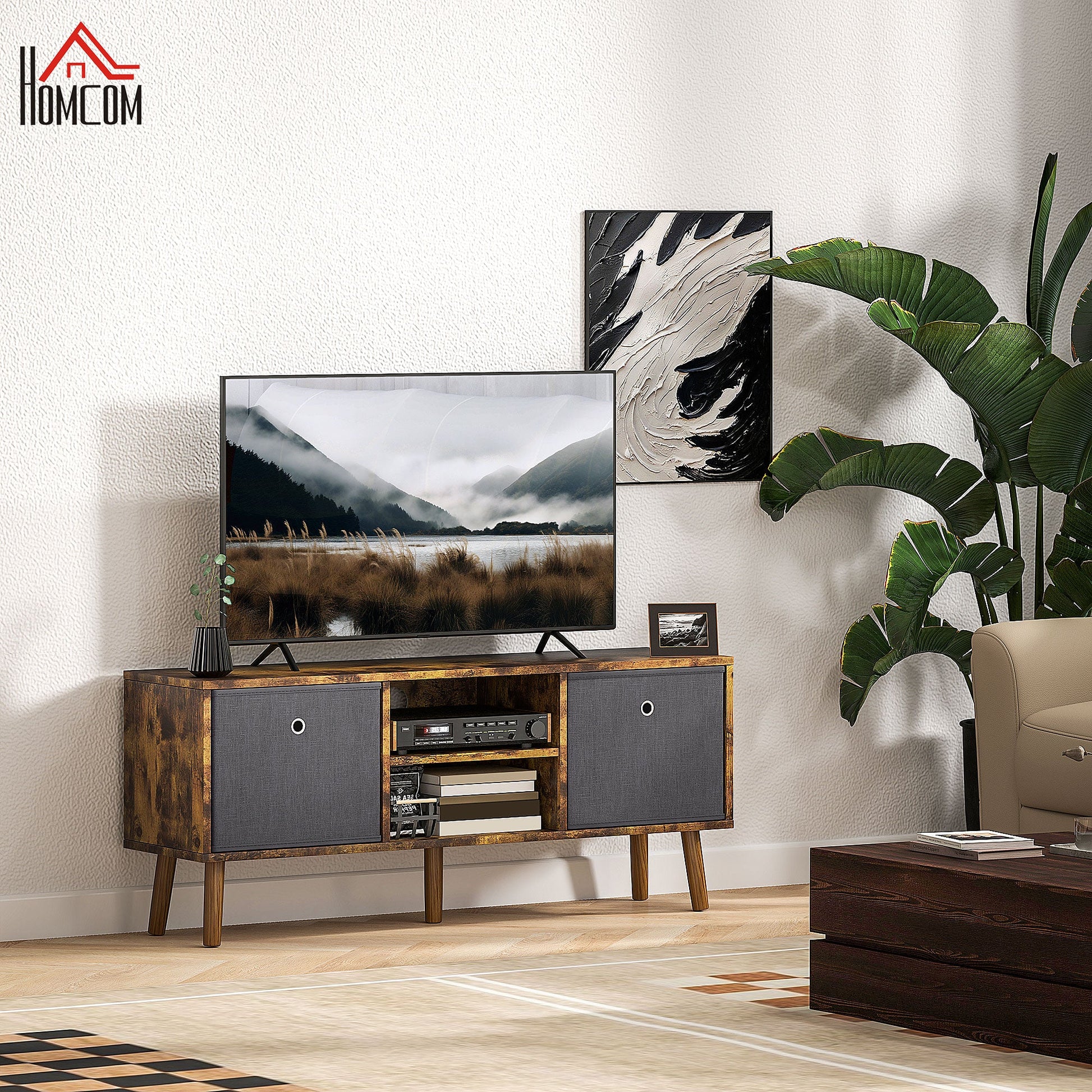 HOMCOM TV Cabinet Stand Unit for TVs up to 50" Flat Screen with Foldable Drawers and Shelves, Entertainment Centre for Living Room, Bedroom Rustic Brown