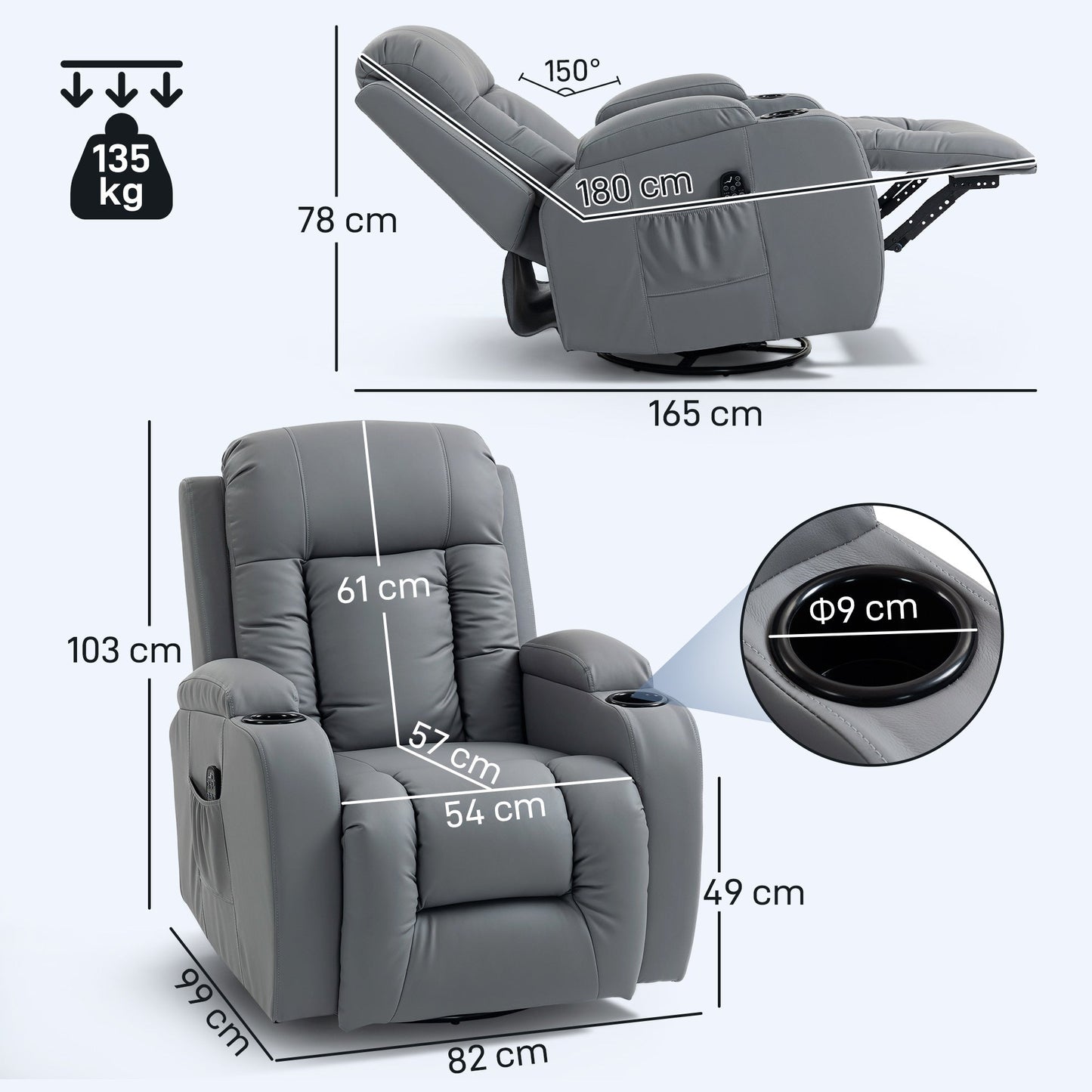 Recliner Armchair with Massage & Heat, PU Leather Recliner Chair with Extended Footrest, Cup Holders and Side Pockets, Swivel Rocking Manual Reclining Chair for Living Room, Grey