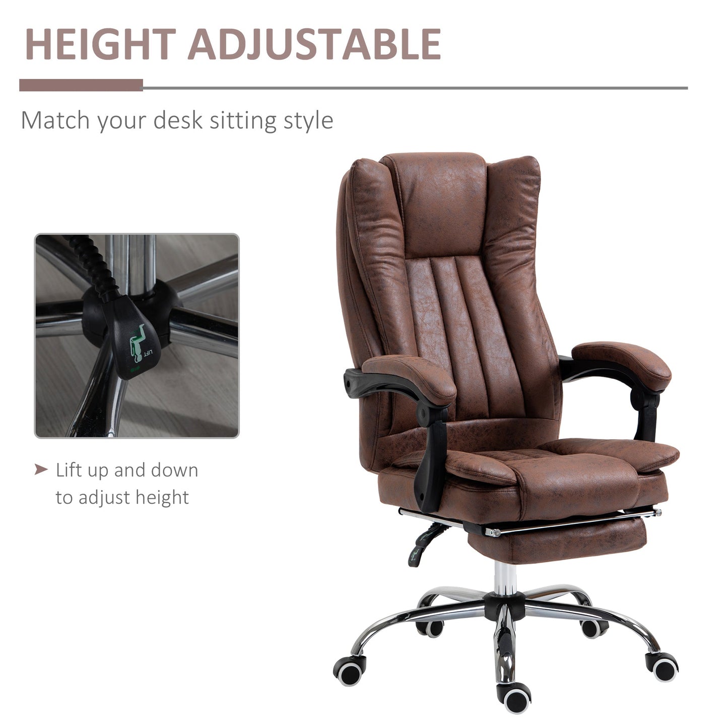 Vinsetto Office Chair, Microfibre Reclining Computer Desk Chair with Footrest and Adjustable Height, Swivel Wheels for Home Office, Brown