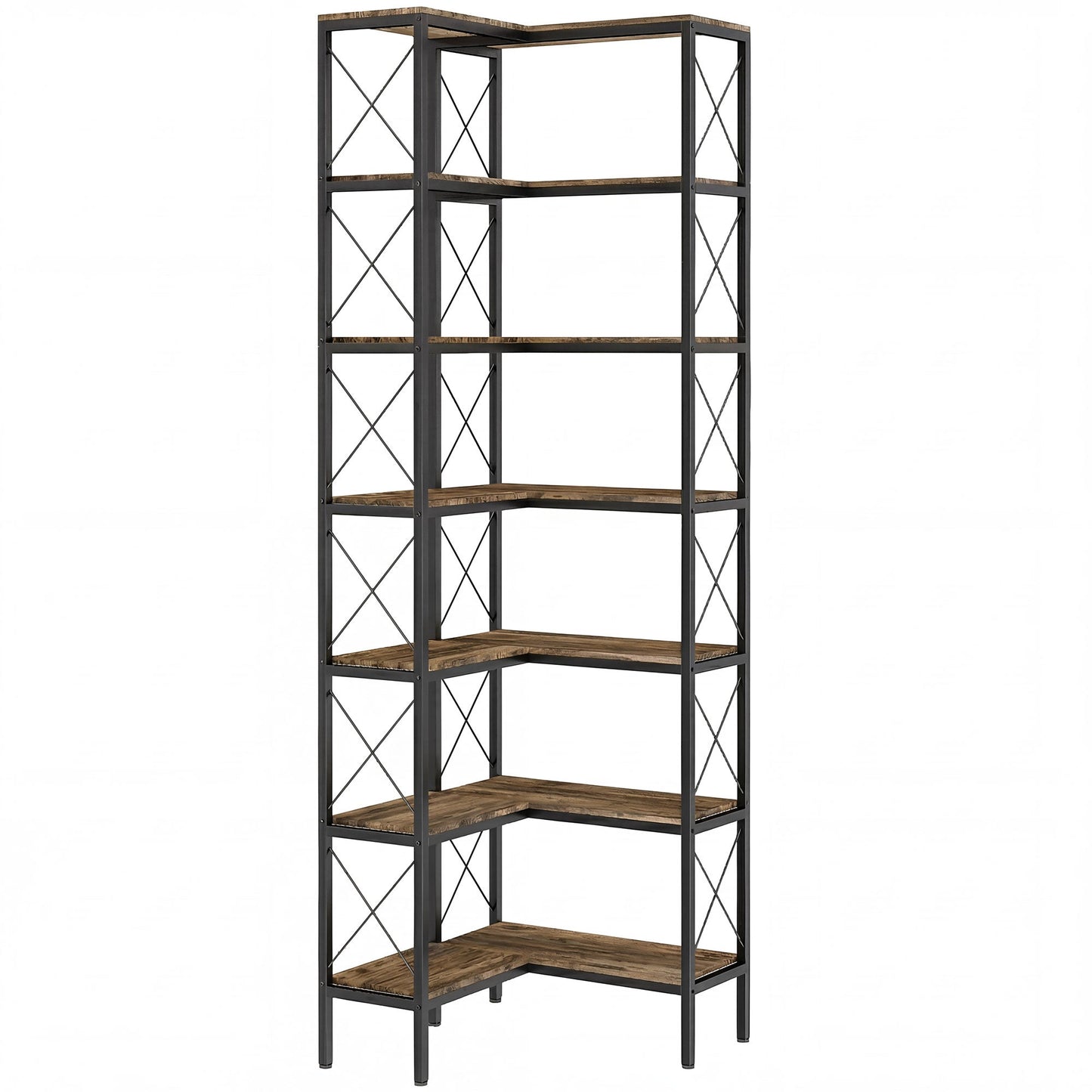 6-Tier Corner Bookshelf, L-Shaped Bookcase, Freestanding Display Shelf with Metal Frame for Living Room, Home Office, Bedroom, 60 x 60 x 200 cm, Rustic Brown