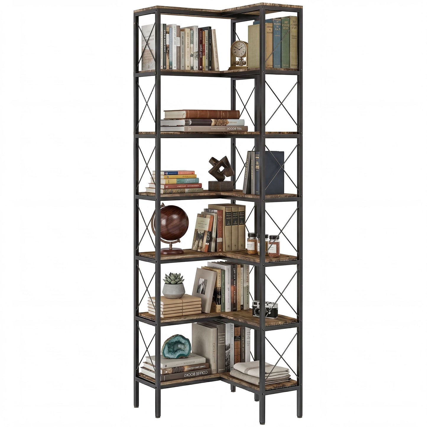 6-Tier Corner Bookshelf, L-Shaped Bookcase, Freestanding Display Shelf with Metal Frame for Living Room, Home Office, Bedroom, 60 x 60 x 200 cm, Rustic Brown