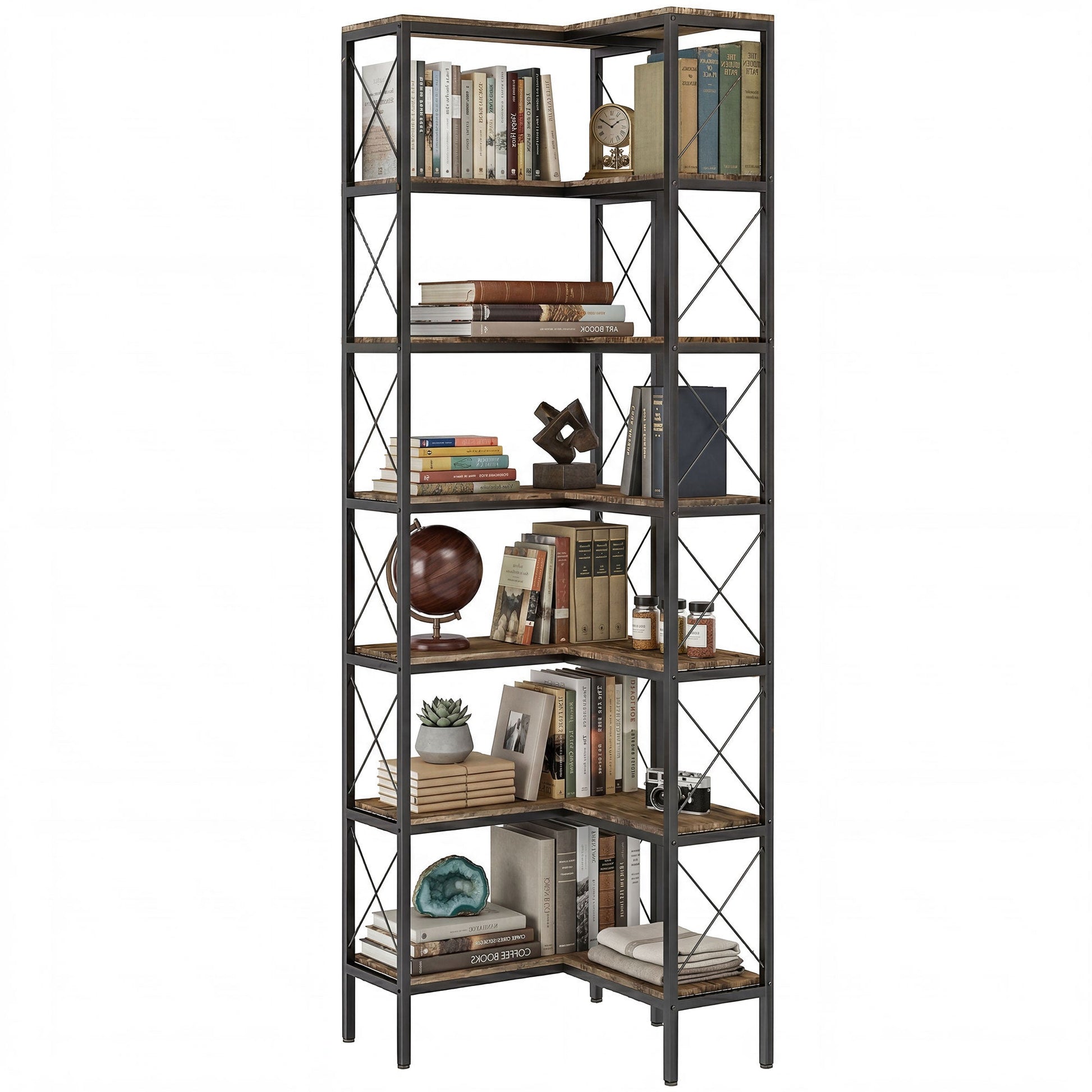 6-Tier Corner Bookshelf, L-Shaped Bookcase, Freestanding Display Shelf with Metal Frame for Living Room, Home Office, Bedroom, 60 x 60 x 200 cm, Rustic Brown