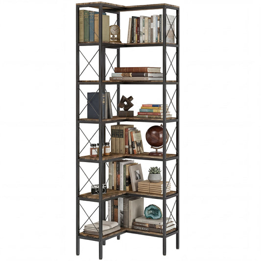 6-Tier Corner Bookshelf, L-Shaped Bookcase, Freestanding Display Shelf with Metal Frame for Living Room, Home Office, Bedroom, 60 x 60 x 200 cm, Rustic Brown