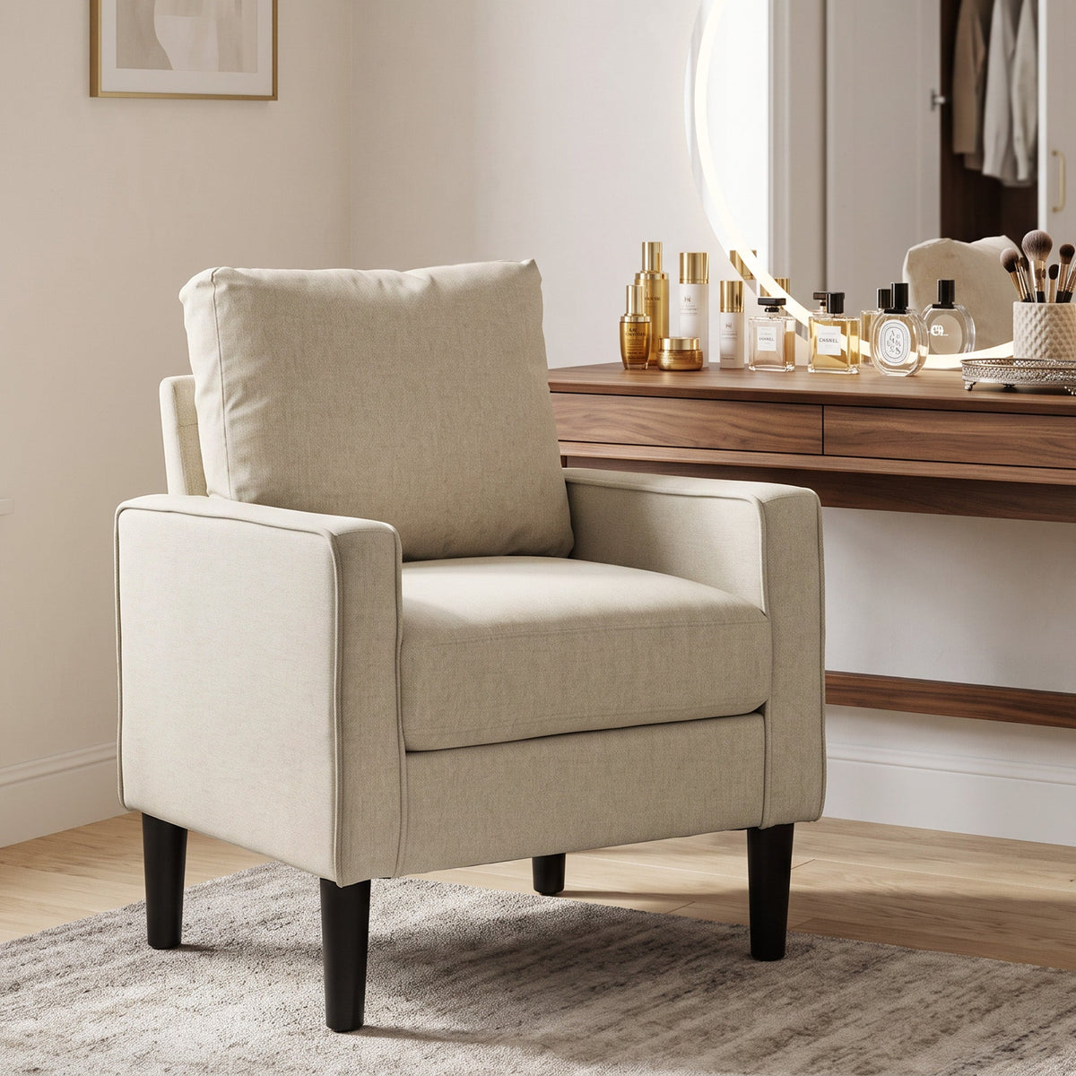 Armchair, Removable Pillow Linen Accent Chair, Comfy Spring Cushion Reading Lounge for Living Room, Bedroom, Study, Cream