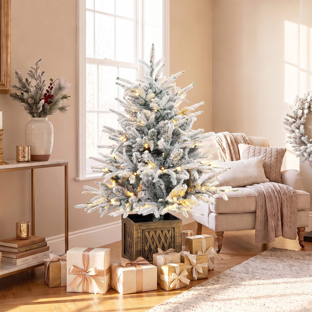 90 cm Prelit Flocked Christmas Tree, Artificial Table Christmas Tree with 70 Warm White LED Lights, 488 Tips, Base Stand, Green White