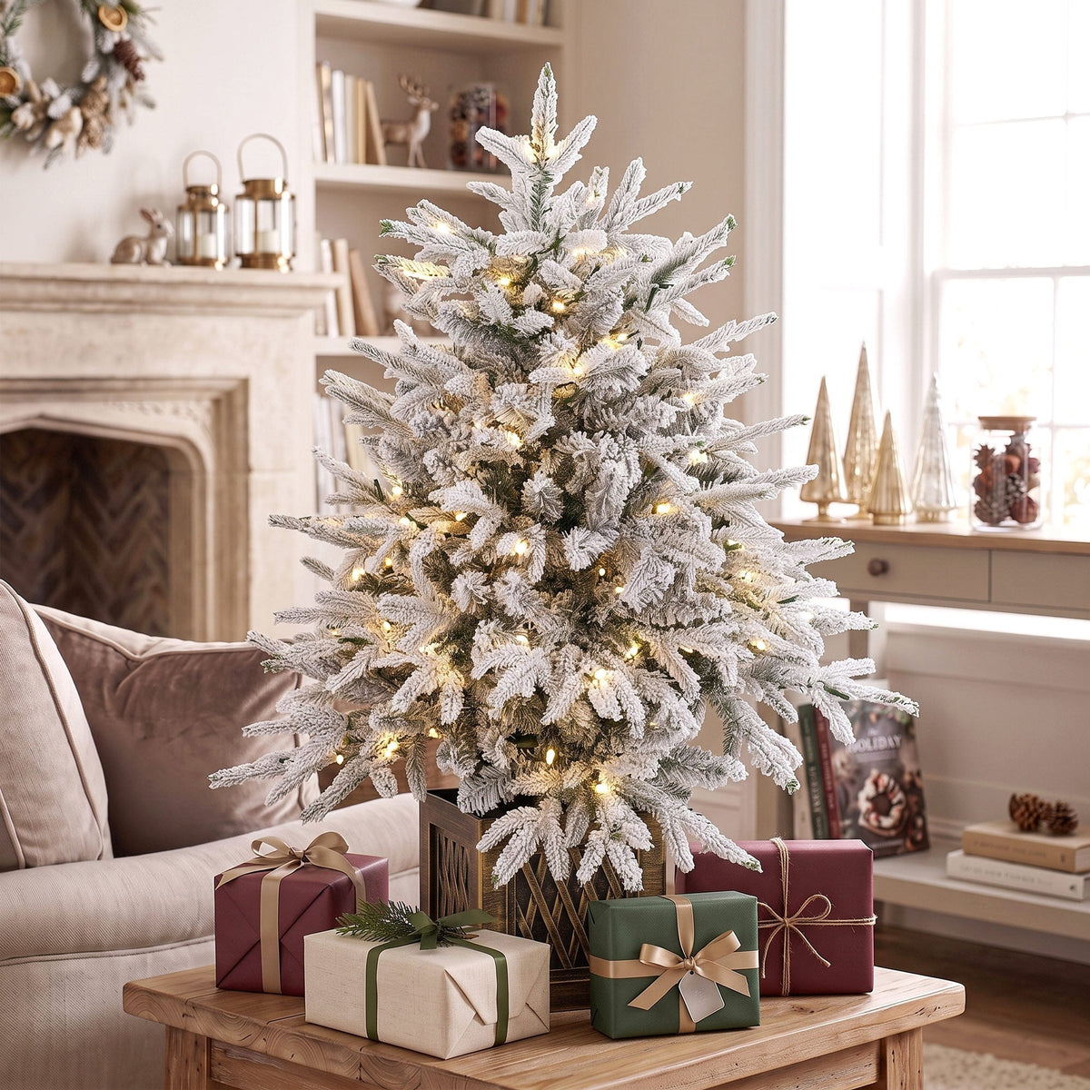 90 cm Prelit Flocked Christmas Tree, Artificial Table Christmas Tree with 70 Warm White LED Lights, 488 Tips, Base Stand, Green White