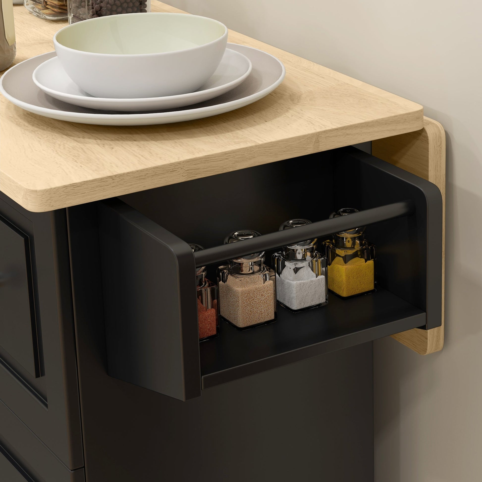 Kitchen Island with Drop Leaf, Rolling Kitchen Storage Trolley on Wheels with 3 Drawers, Spice Rack and Towel Rack, Storage Cart with Rubber Wood Top, Black