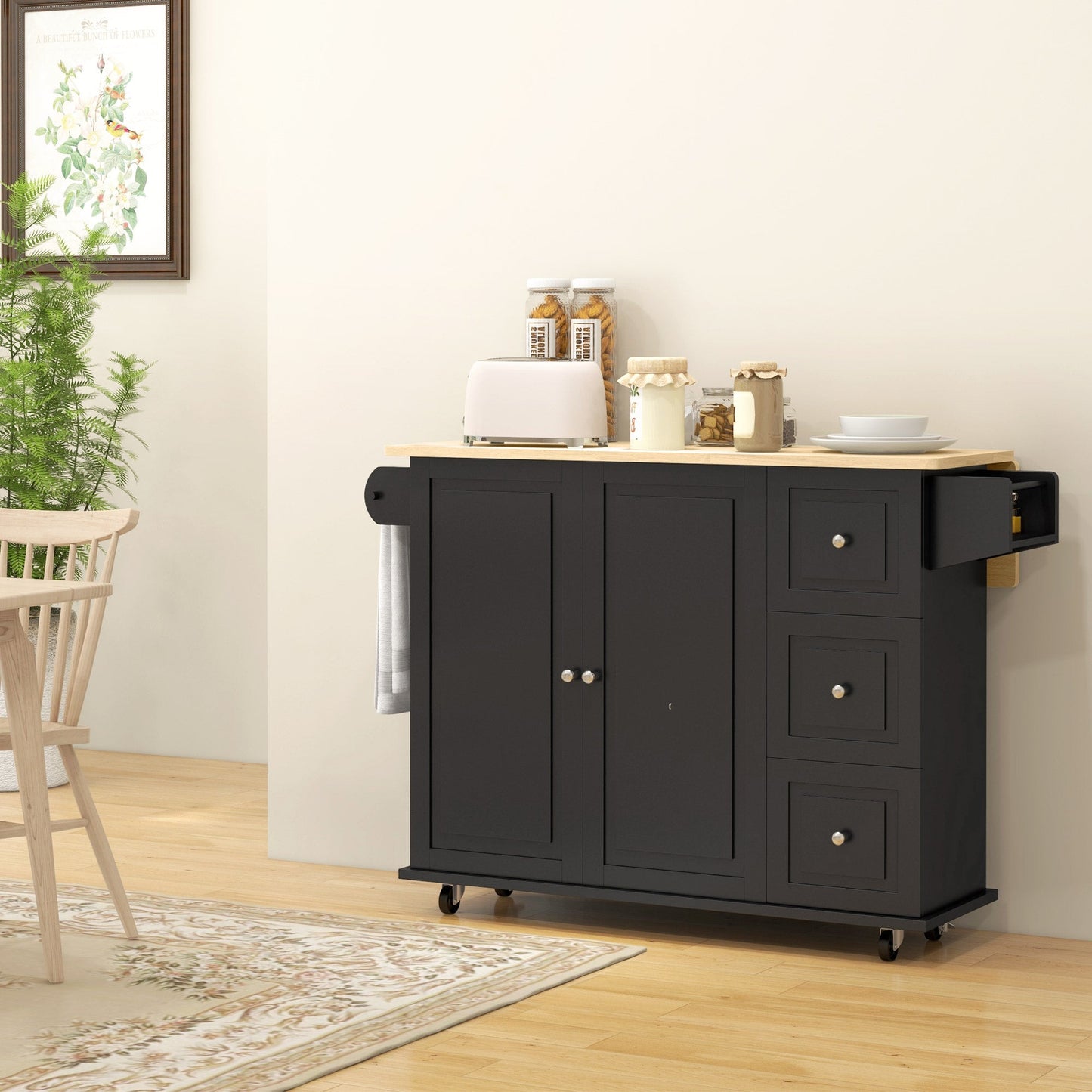 Kitchen Island with Drop Leaf, Rolling Kitchen Storage Trolley on Wheels with 3 Drawers, Spice Rack and Towel Rack, Storage Cart with Rubber Wood Top, Black