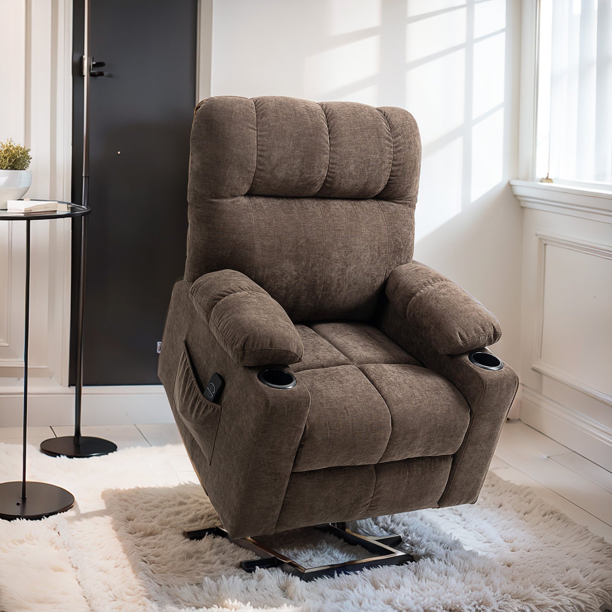 HOMCOM Power Lift Chair Recliner for Elderly, Velvet-touch Fabric Electric Riser and Recliner Chair for Living Room with Remote Control, Side Pockets, Cup Holders, Dark Brown