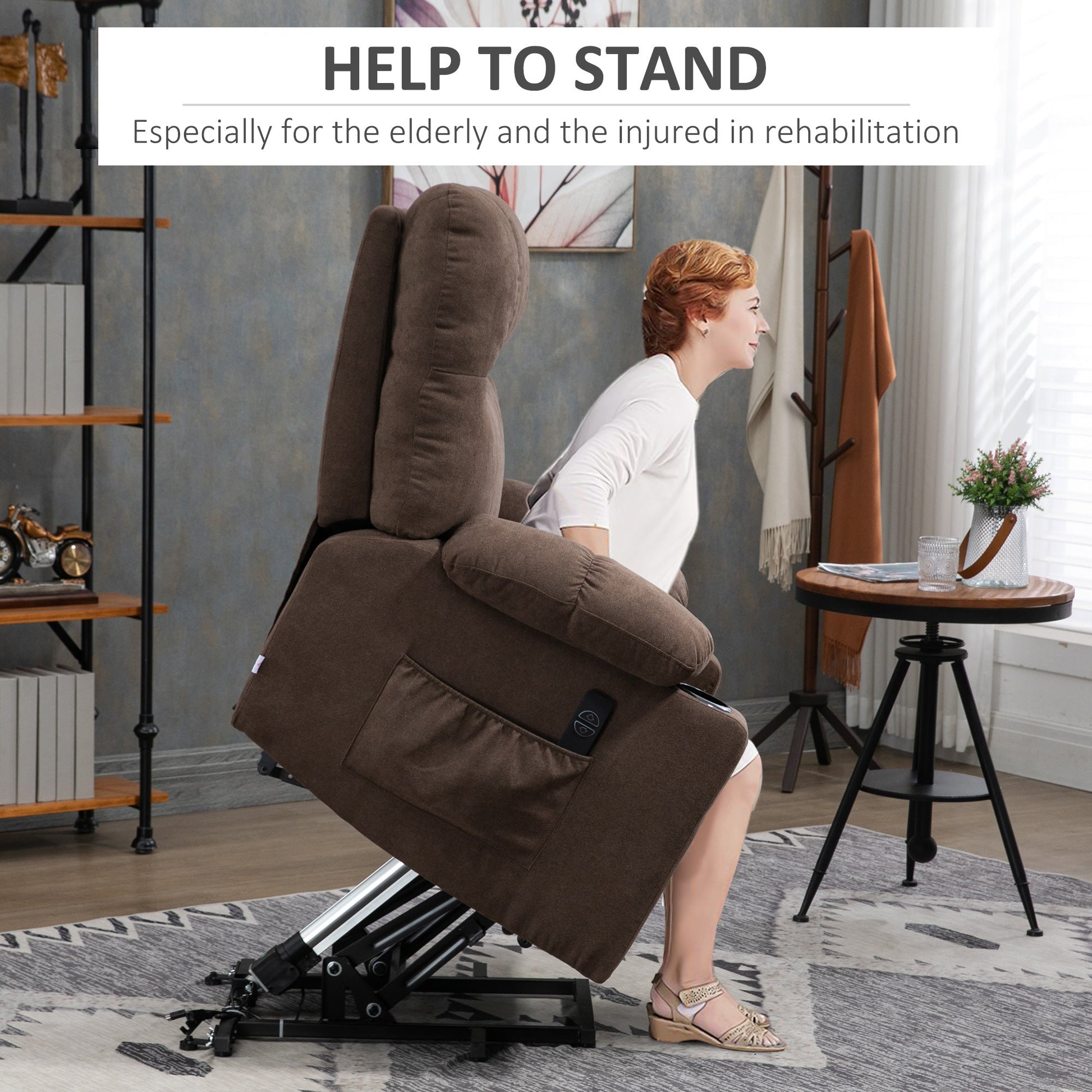 HOMCOM Power Lift Chair Recliner for Elderly, Velvet-touch Fabric Electric Riser and Recliner Chair for Living Room with Remote Control, Side Pockets, Cup Holders, Dark Brown
