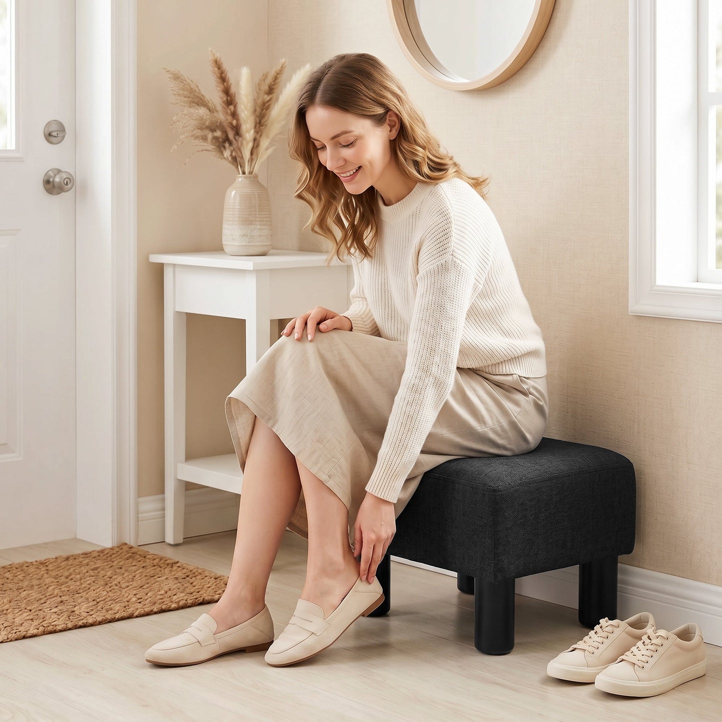 Linen-Look Fabric Foot Stool Footrest Small Seat Footrest Chair Ottoman Home Office with Legs 40 x 30 x 24cm, Black