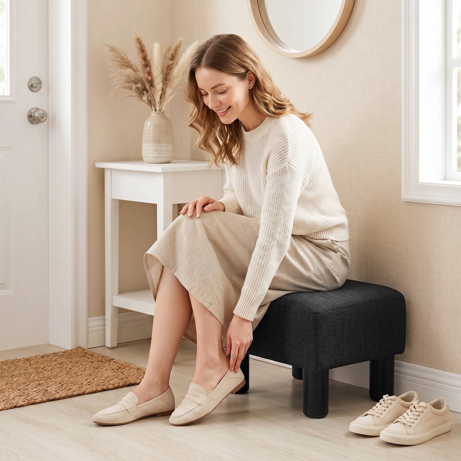 Linen-Look Fabric Foot Stool Footrest Small Seat Footrest Chair Ottoman Home Office with Legs 40 x 30 x 24cm, Black