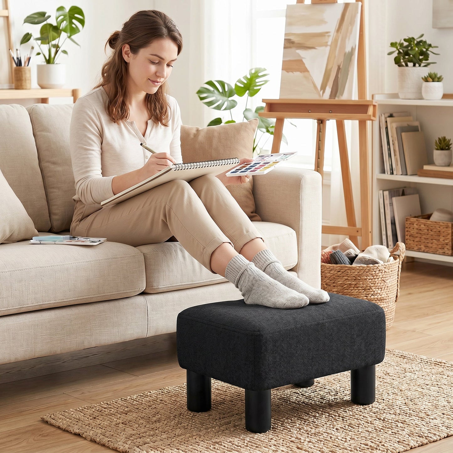 Linen-Look Fabric Foot Stool Footrest Small Seat Footrest Chair Ottoman Home Office with Legs 40 x 30 x 24cm, Black