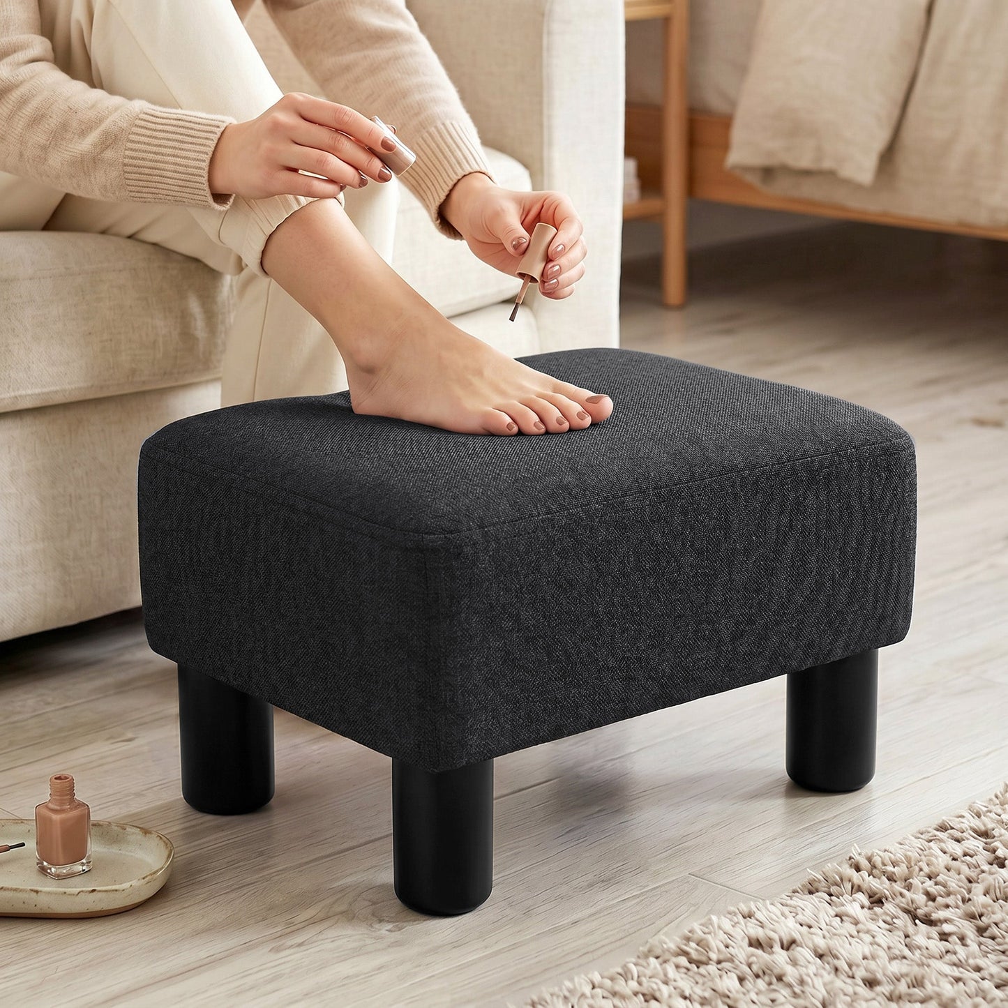 Linen-Look Fabric Foot Stool Footrest Small Seat Footrest Chair Ottoman Home Office with Legs 40 x 30 x 24cm, Black