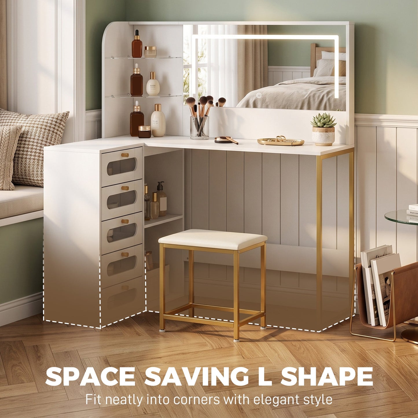 Dressing Table with Adjustable LED Mirror and Padded Stool, Corner L-Shaped Vanity Desk with 5 Drawers, 2 Open Shelves, 2 Glass Shelves, Modern Makeup Table for Bedroom, 120x80x135 cm, White