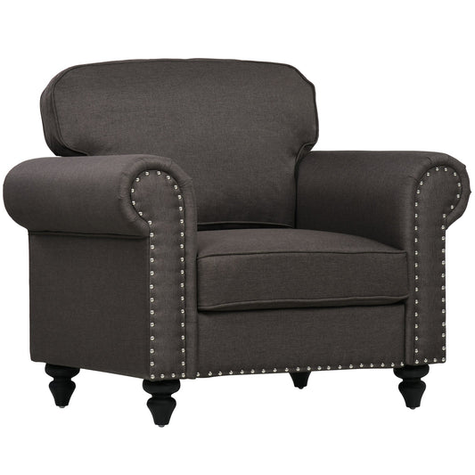 HOMCOM Armchair, Fabric Accent Chair with Nailhead Trim Rolled Arms and Slatted Wood Frame, Upholstered Lounge Chair for Living Room, Bedroom, Home Office, Dark Brown
