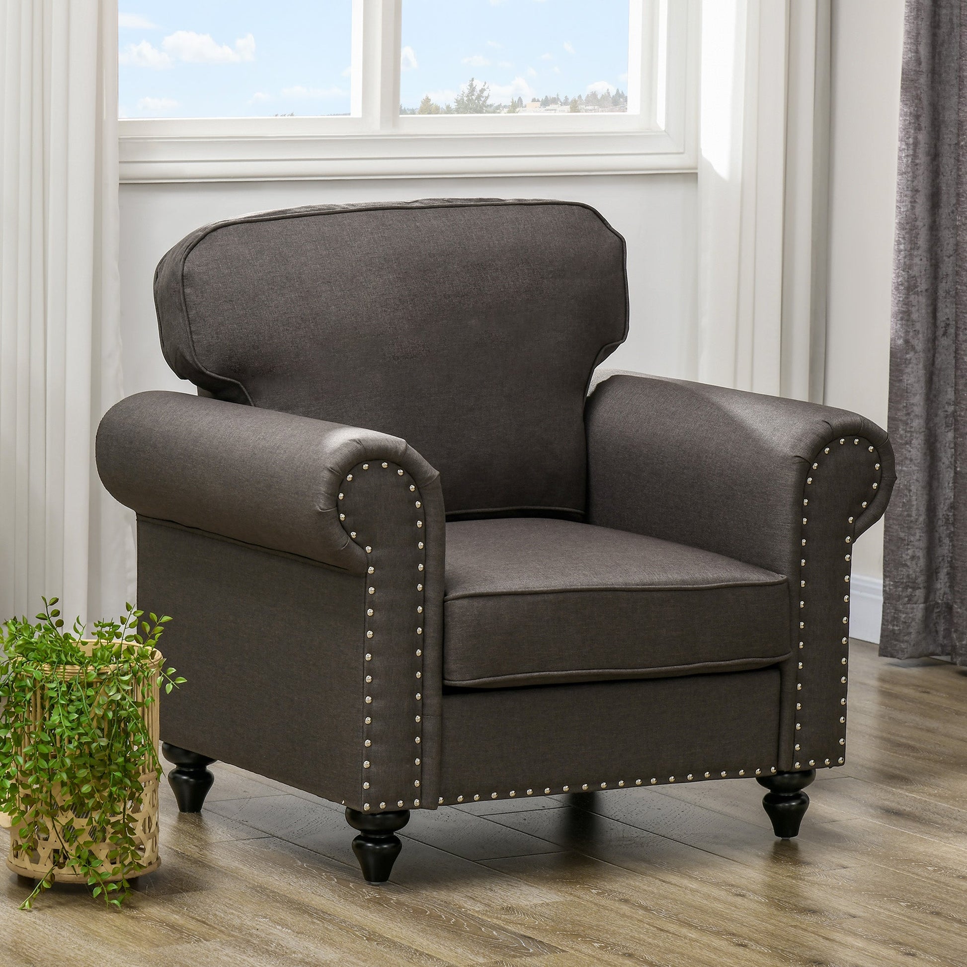 HOMCOM Armchair, Fabric Accent Chair with Nailhead Trim Rolled Arms and Slatted Wood Frame, Upholstered Lounge Chair for Living Room, Bedroom, Home Office, Dark Brown
