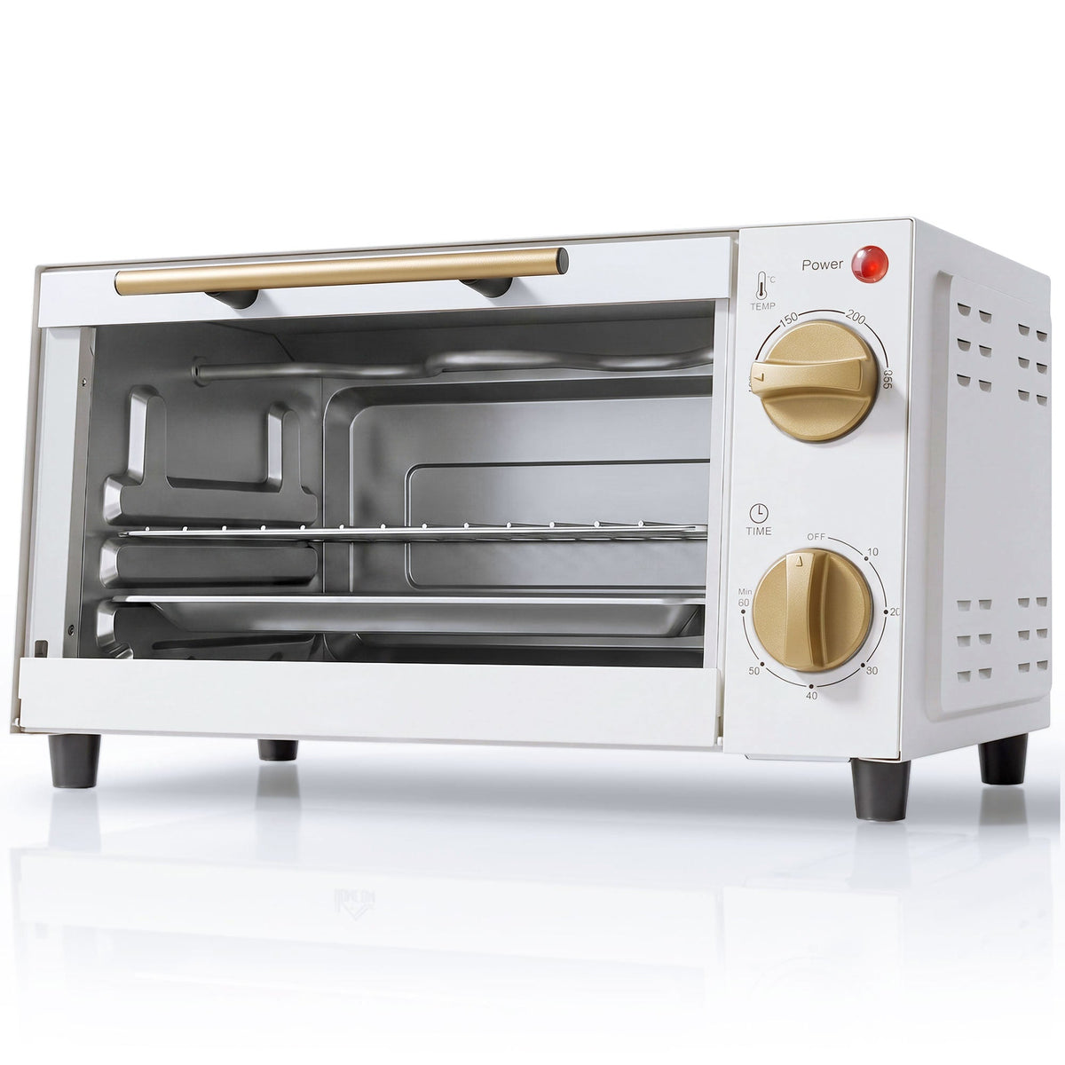 Mini Oven, 9L Countertop Electric Grill, Toaster Oven with Adjustable Temperature, Timer, Dishwasher Safe Baking Tray and Wire Rack, 750W, White