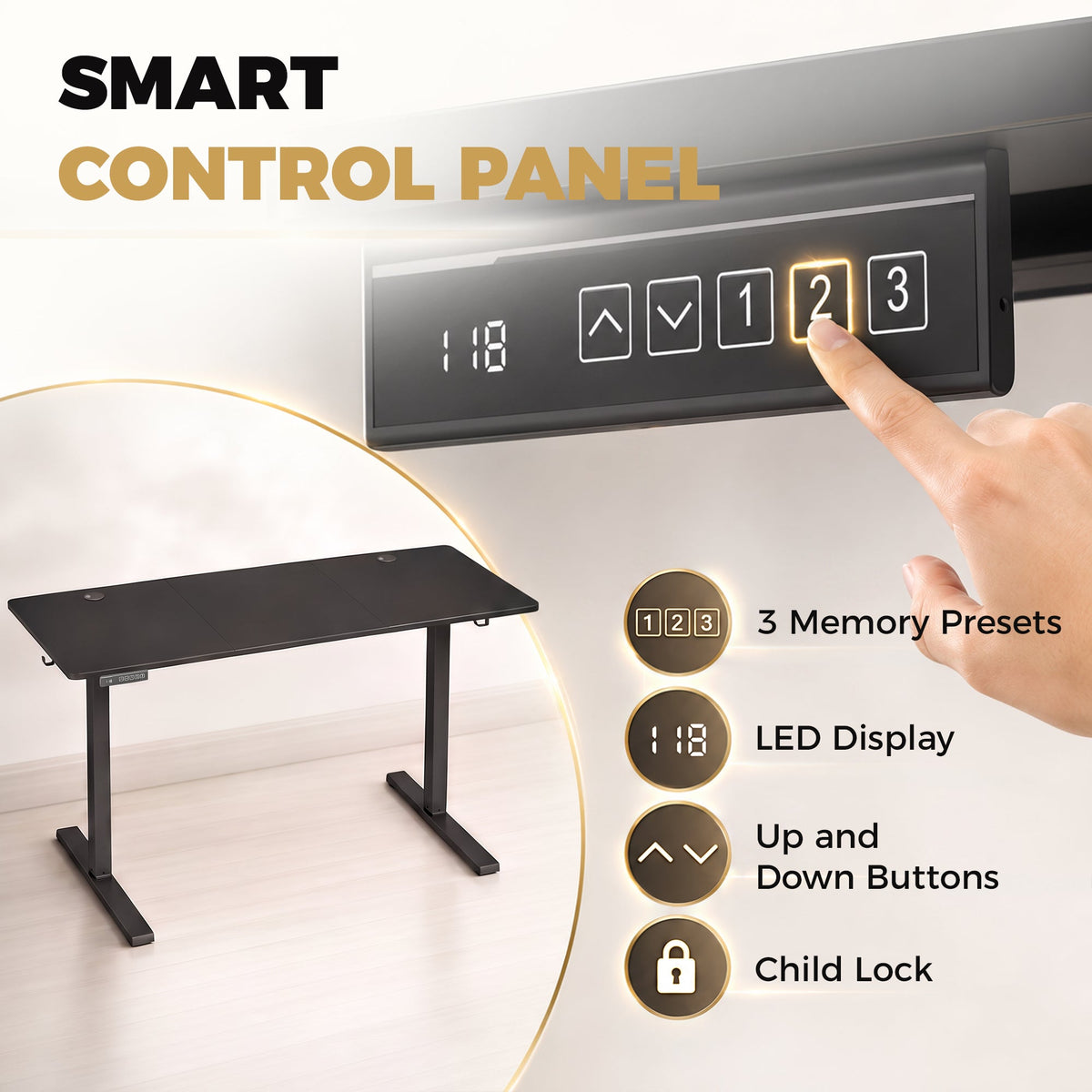 Electric Standing Desk Height Adjustable 140 x 60cm, Sit Stand Desk with 3 Memory Presets, Quiet Home Office Computer Desk with LED Display, Cable Holes & Hooks for Bedroom, Home Office, Black