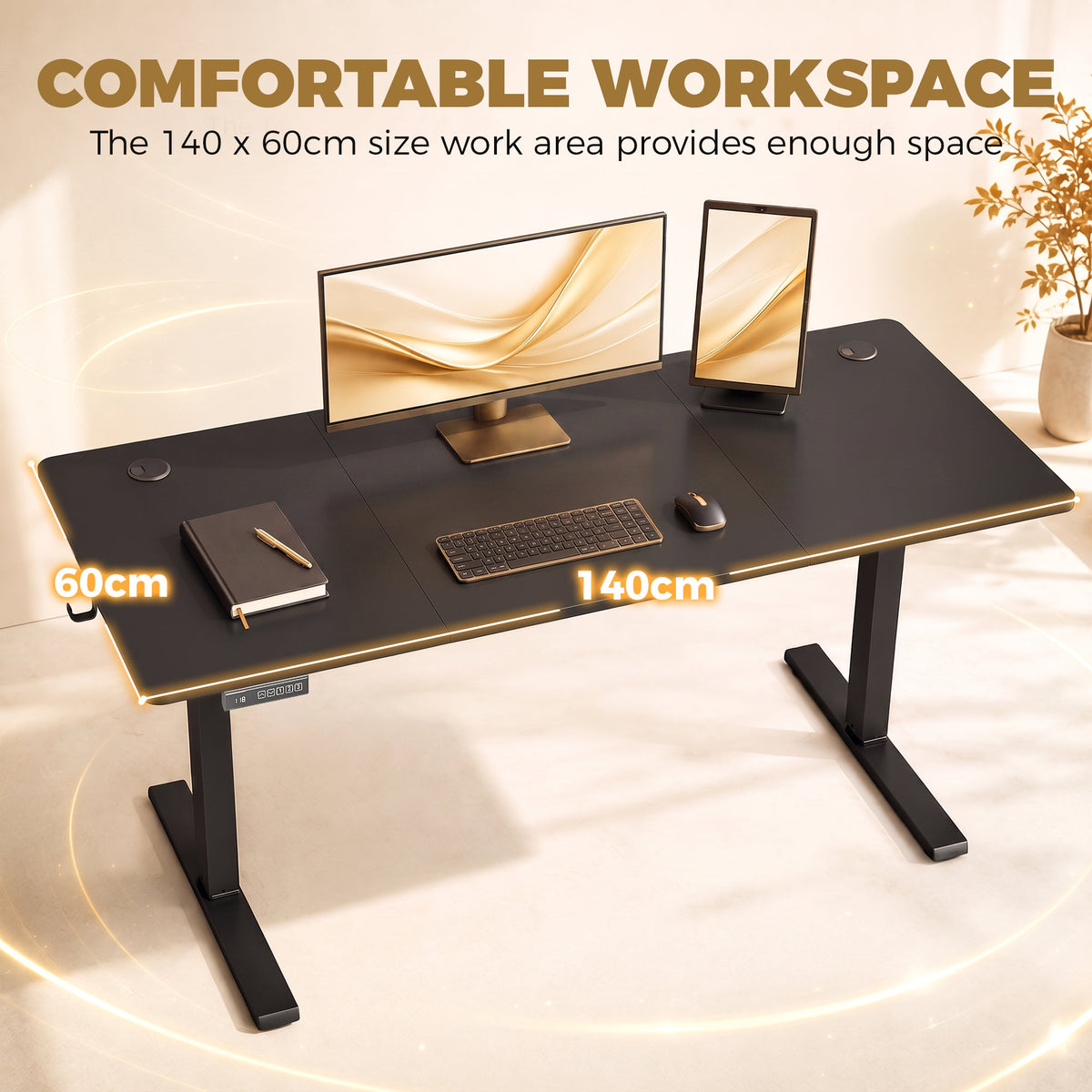 Electric Standing Desk Height Adjustable 140 x 60cm, Sit Stand Desk with 3 Memory Presets, Quiet Home Office Computer Desk with LED Display, Cable Holes & Hooks for Bedroom, Home Office, Black