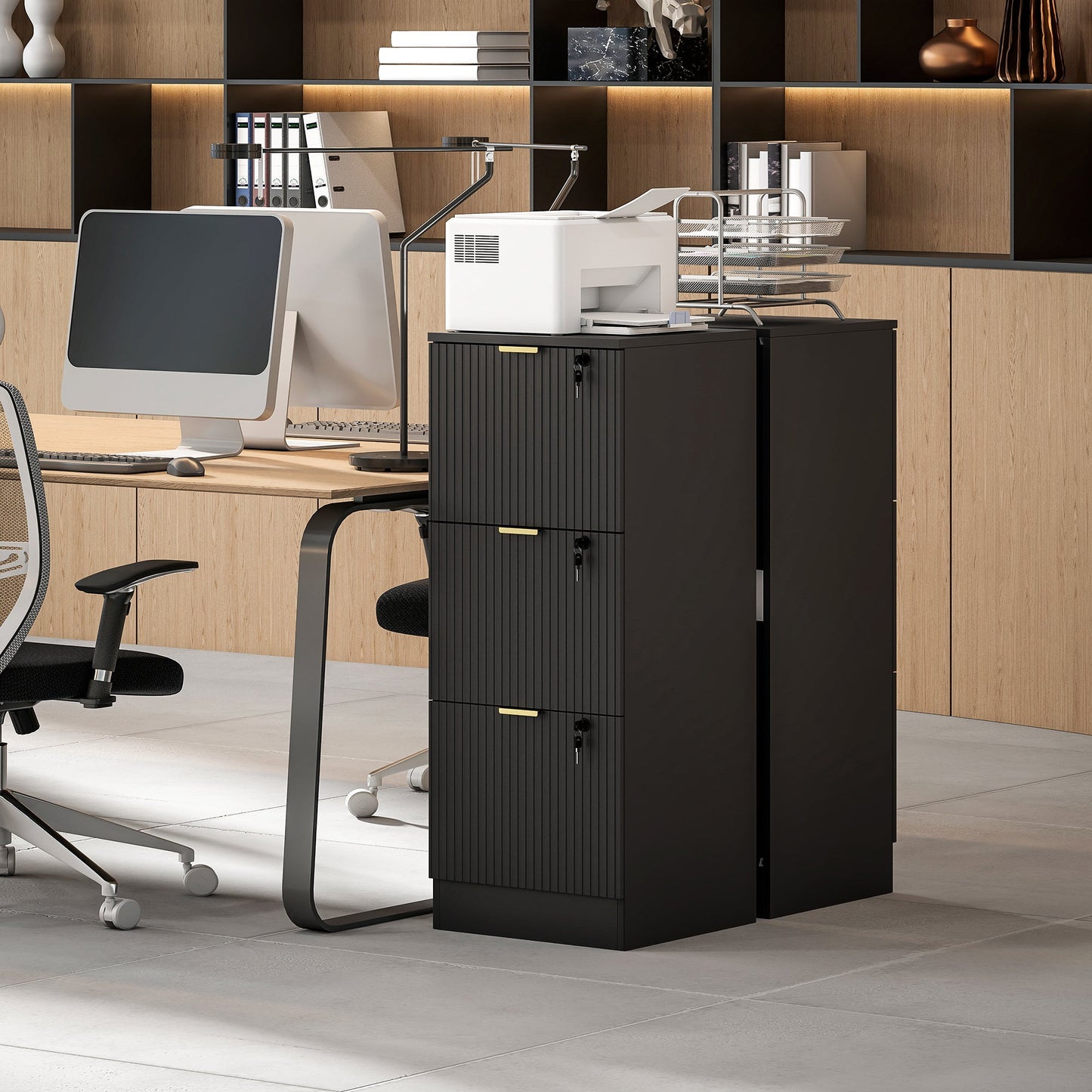 3 Drawer Filing Cabinet, Fluted Vertical File Cabinet with Lock and Adjustable Hanging Rails for A4 and Letter Size Files, Printer Stand with Storage, Black